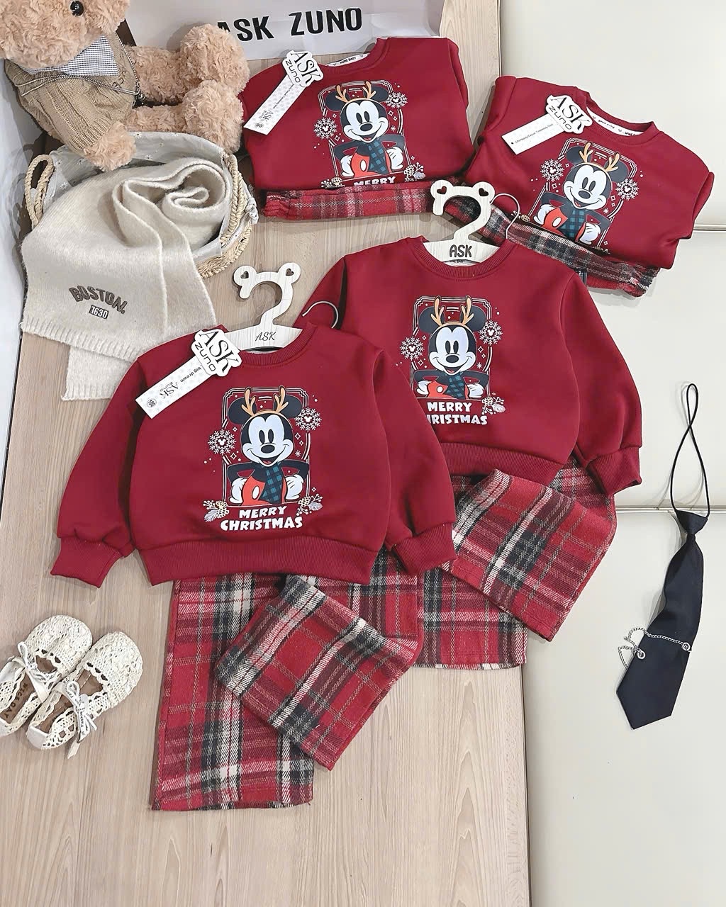 T079 - BỘ NỈ BÉ TRAI HAIDA ĐỎ MICKEY CHRISTMAS QUẦN DẠ KẺ