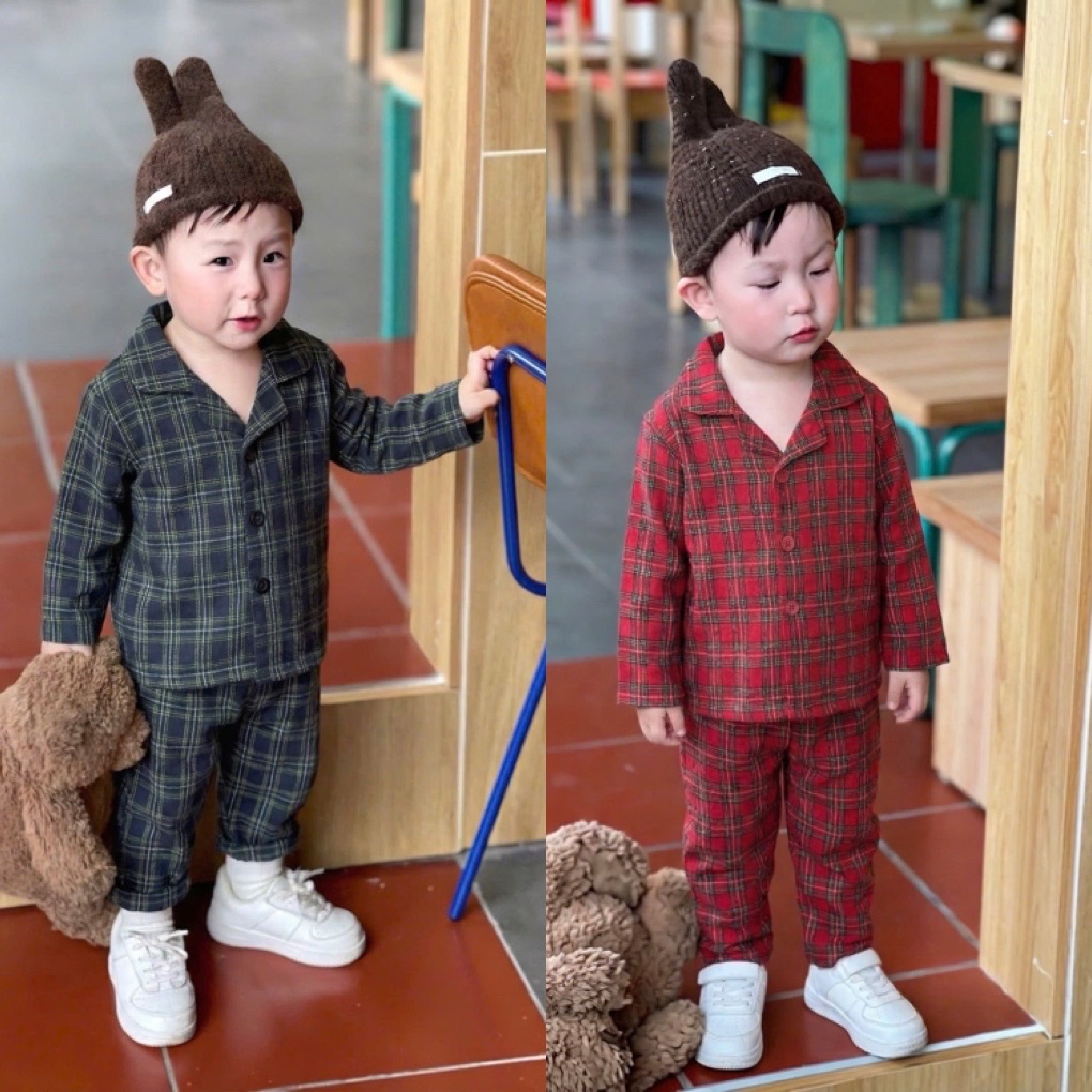 T078 - Set 2 BỘ BÉ TRAI PYJAMA KẺ CARO đen đỏ