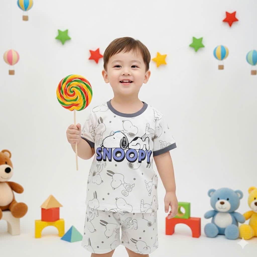 T076 - SET 2 BỘ ĐÙI BÉ TRAI SNOOPY xanh kẻ