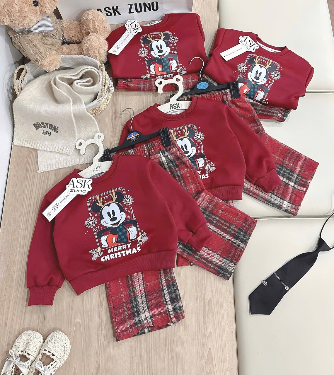 T079 - BỘ NỈ BÉ TRAI HAIDA ĐỎ MICKEY CHRISTMAS QUẦN DẠ KẺ