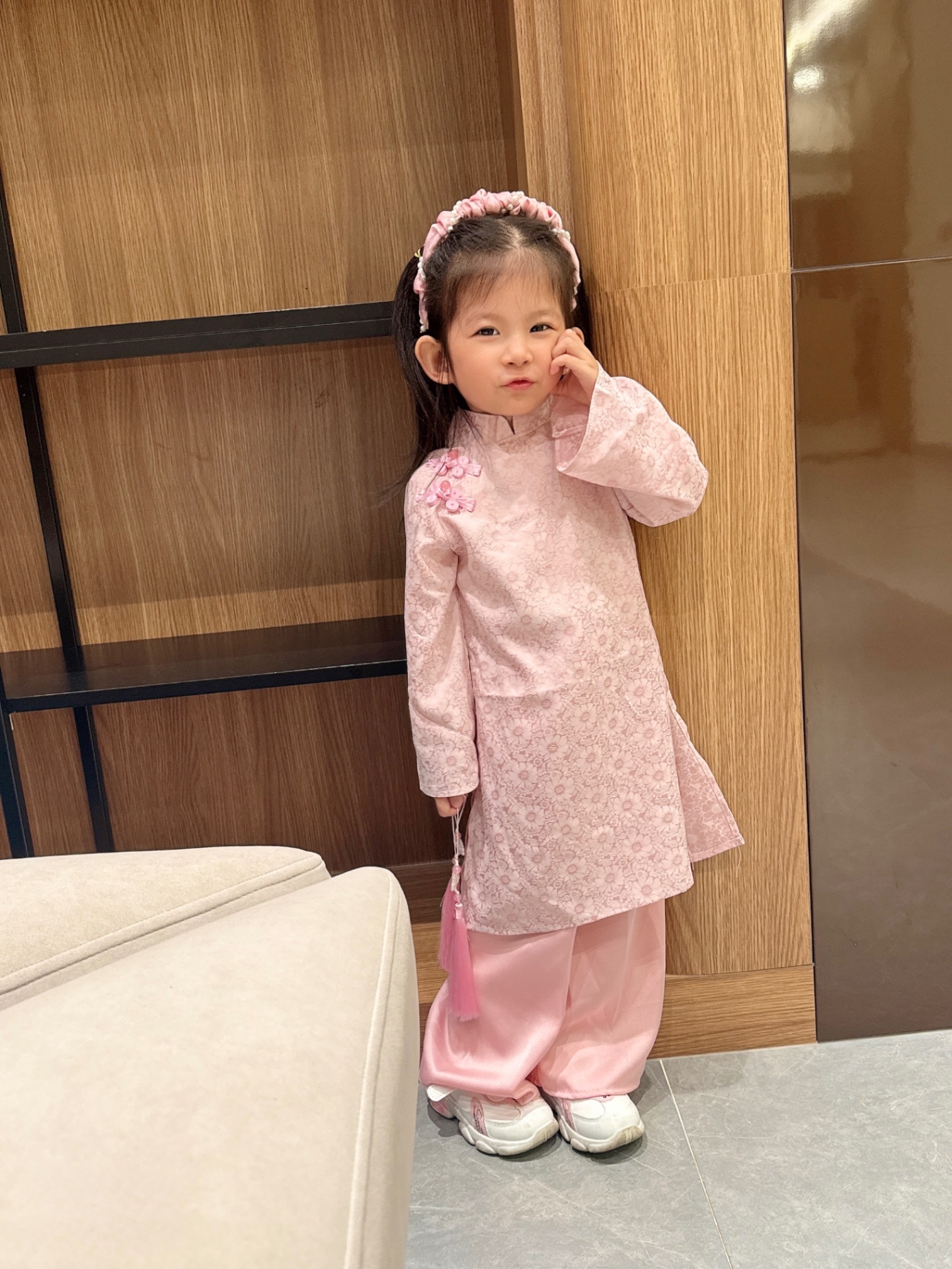 G859 - SET ÁO DÀI BÉ GÁI LỤA VÂN HOA HỒNG 4CT