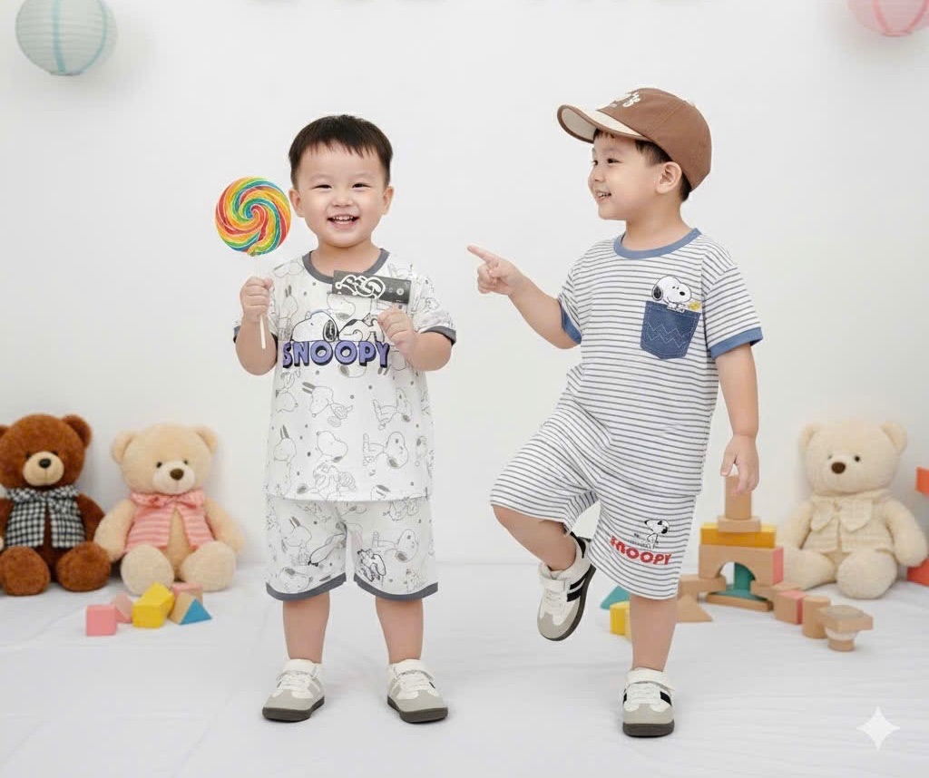 T076 - SET 2 BỘ ĐÙI BÉ TRAI SNOOPY xanh kẻ
