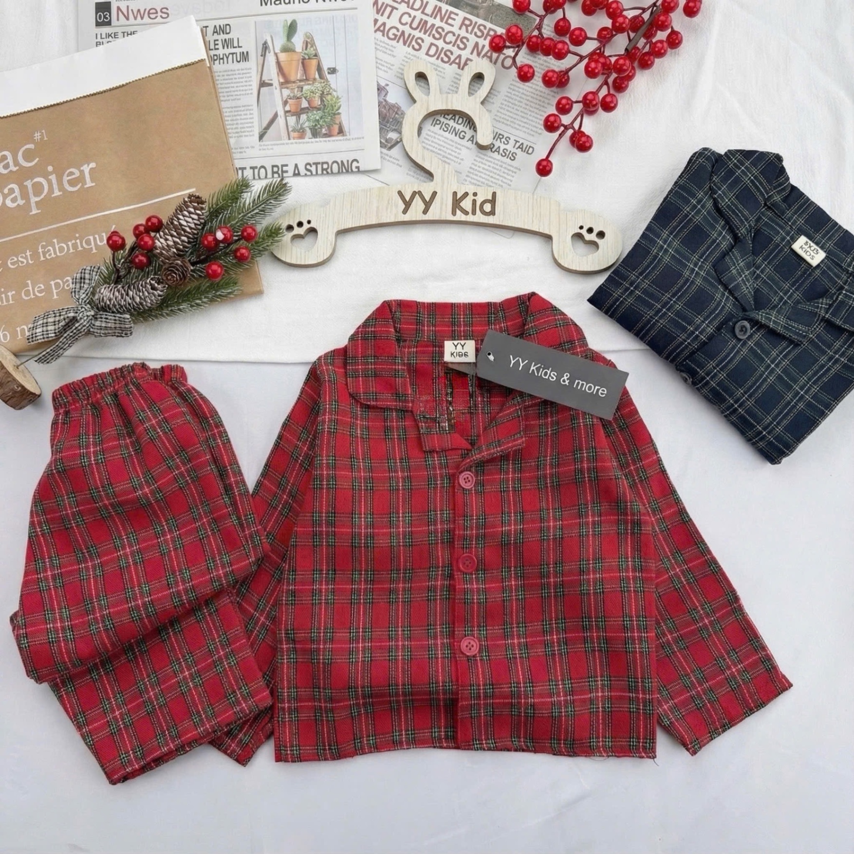 T078 - Set 2 BỘ BÉ TRAI PYJAMA KẺ CARO đen đỏ