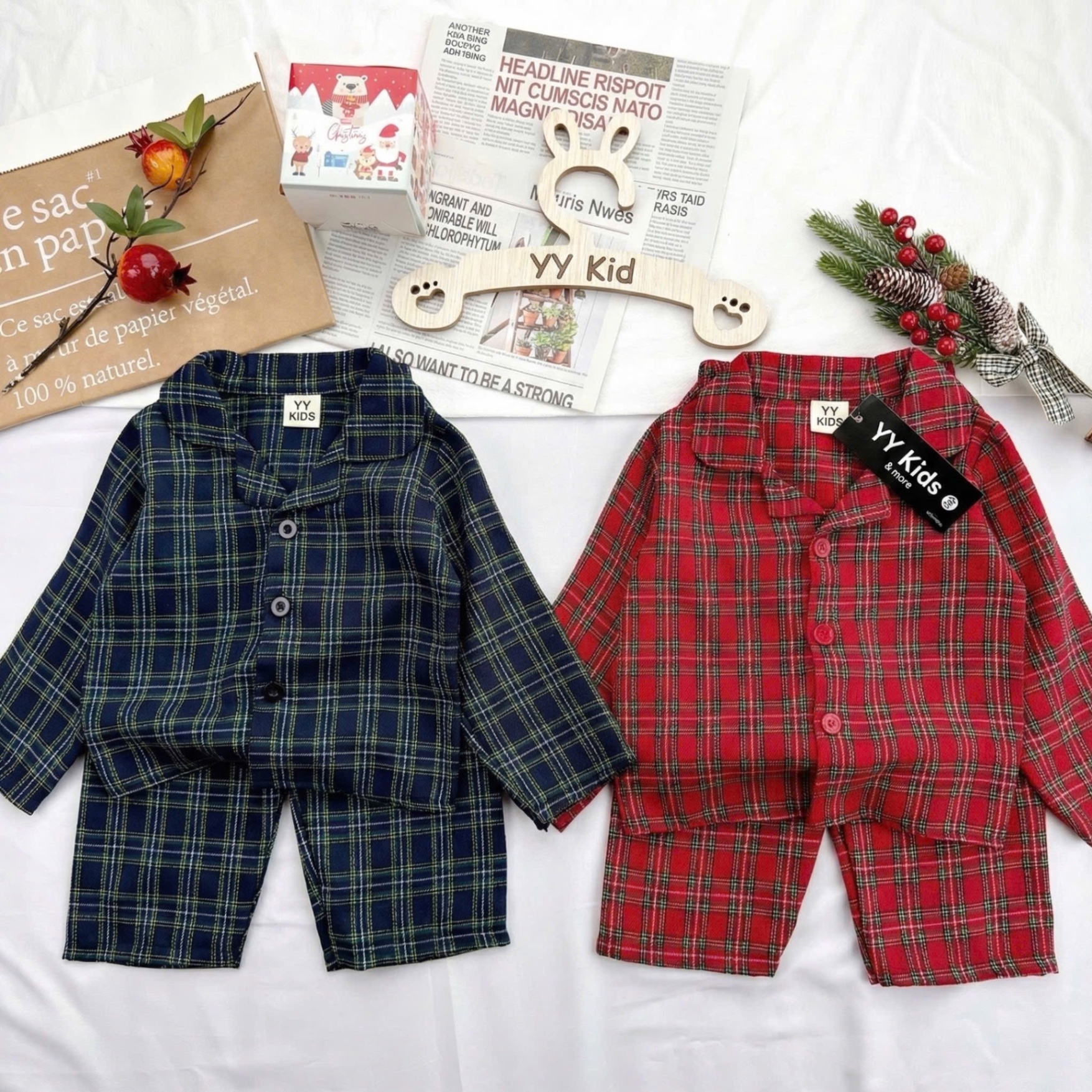 T078 - Set 2 BỘ BÉ TRAI PYJAMA KẺ CARO đen đỏ