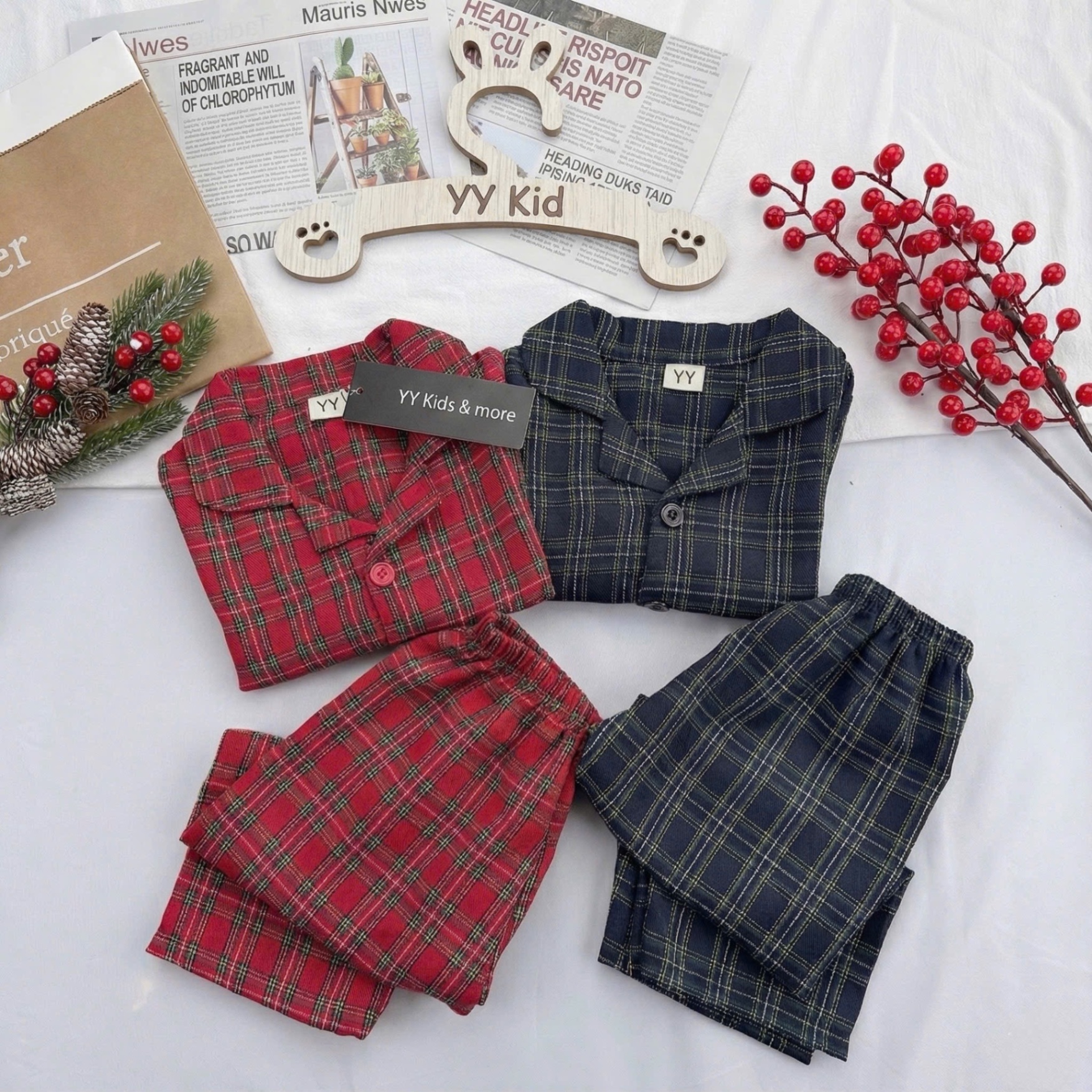 T078 - Set 2 BỘ BÉ TRAI PYJAMA KẺ CARO đen đỏ