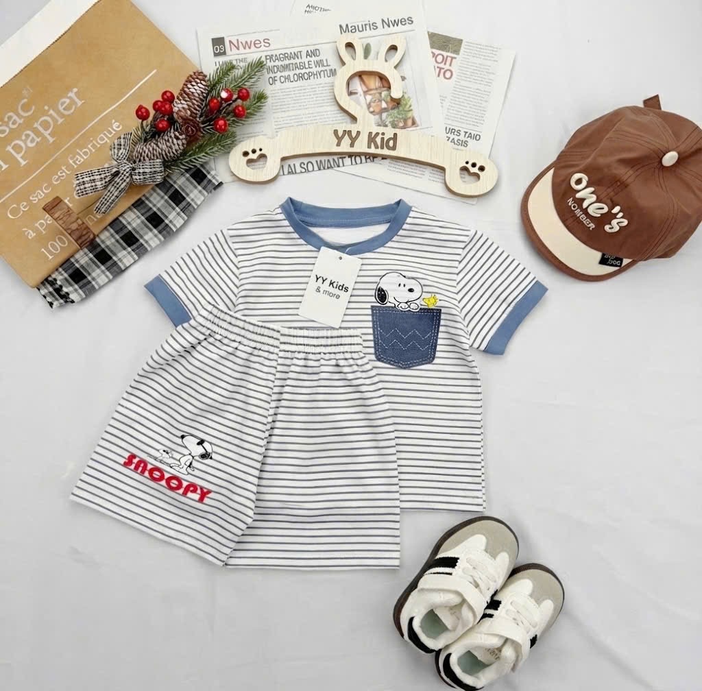 T076 - SET 2 BỘ ĐÙI BÉ TRAI SNOOPY xanh kẻ