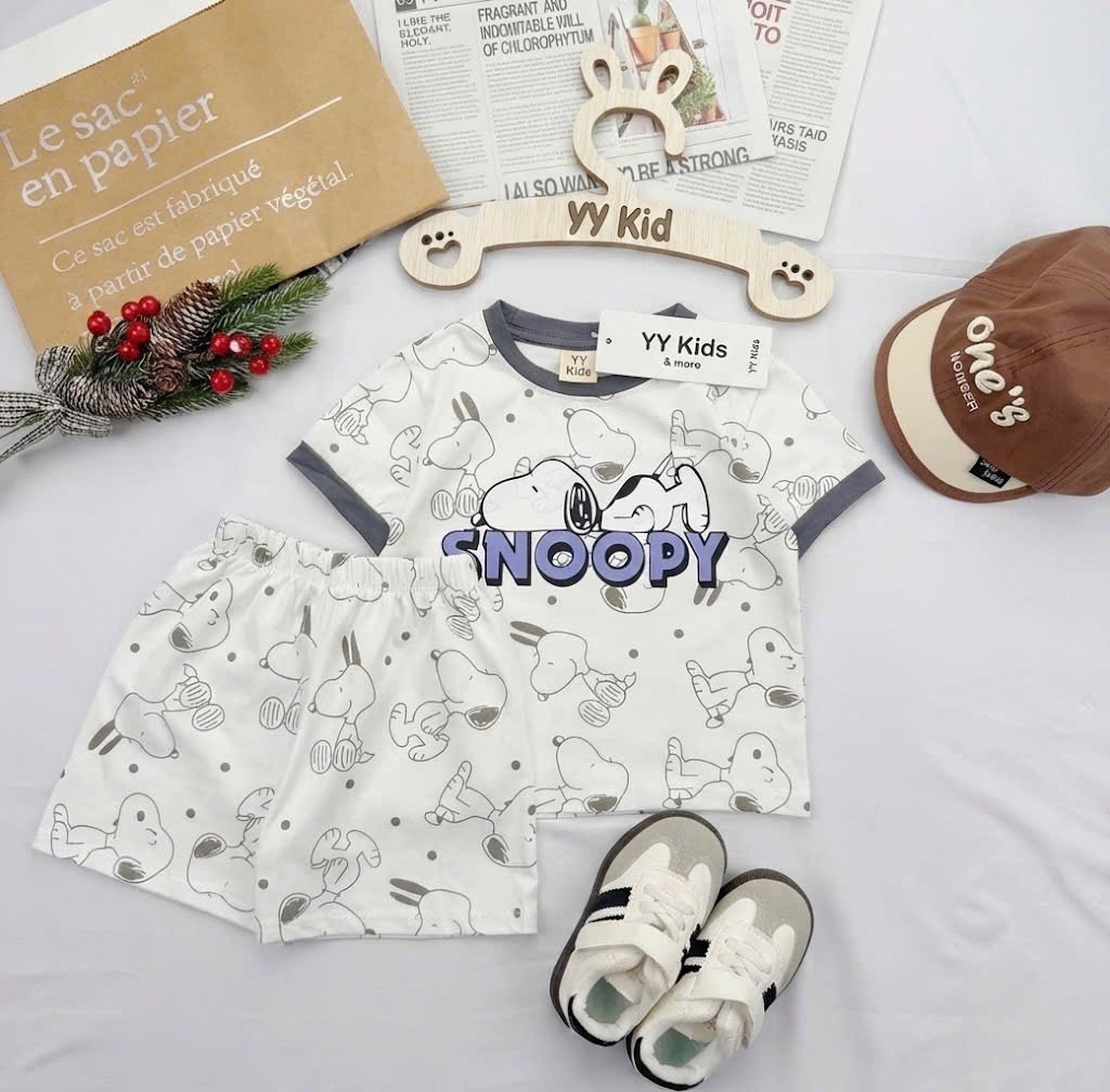 T076 - SET 2 BỘ ĐÙI BÉ TRAI SNOOPY xanh kẻ