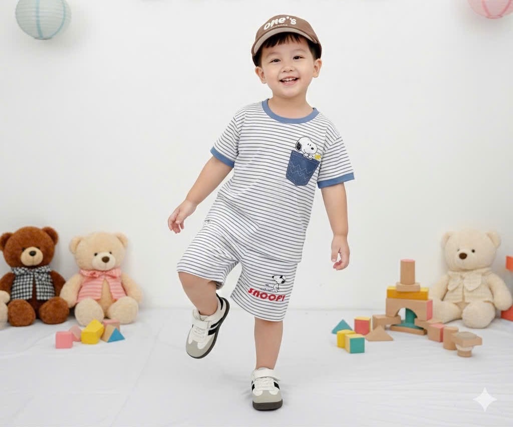 T076 - SET 2 BỘ ĐÙI BÉ TRAI SNOOPY xanh kẻ