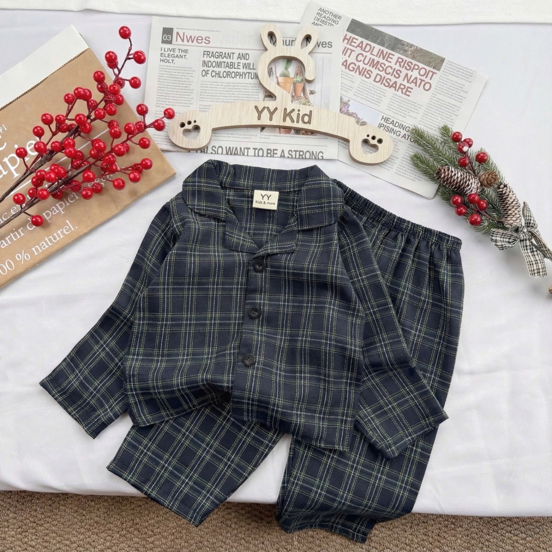 T078 - Set 2 BỘ BÉ TRAI PYJAMA KẺ CARO đen đỏ