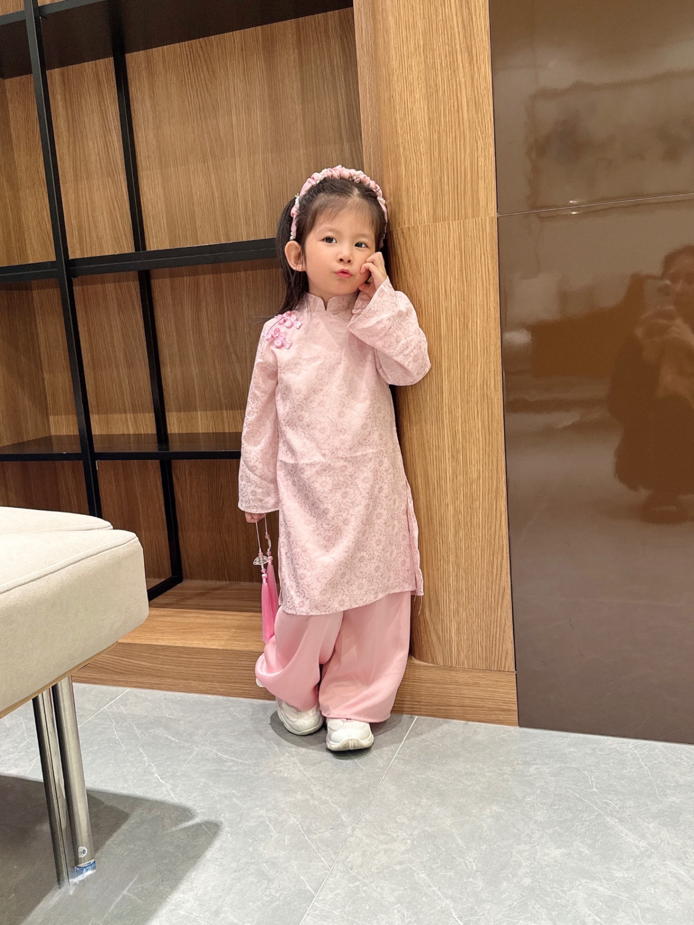 G859 - SET ÁO DÀI BÉ GÁI LỤA VÂN HOA HỒNG 4CT