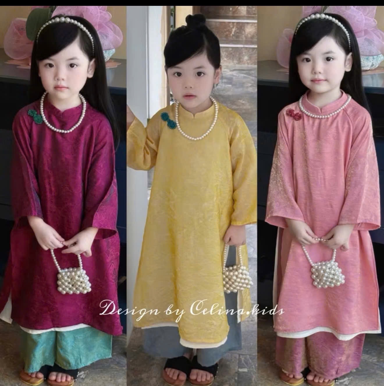 G864 - SET ÁO DÀI BÉ GÁI GẤM TƠ PHỐI QUẦN KÈM VÒNG