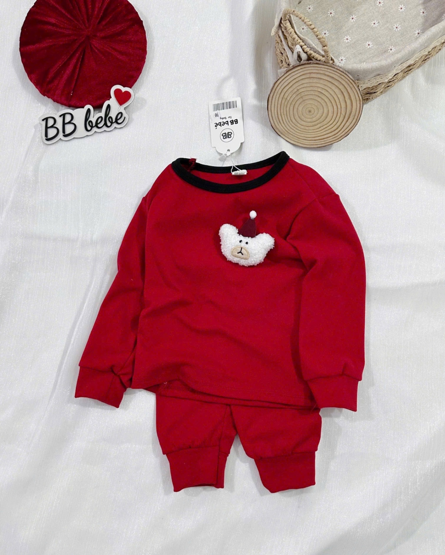 T081 - BỘ BÉ ZIP LÔNG ĐỎ GẤU XÙ MŨ NOEL