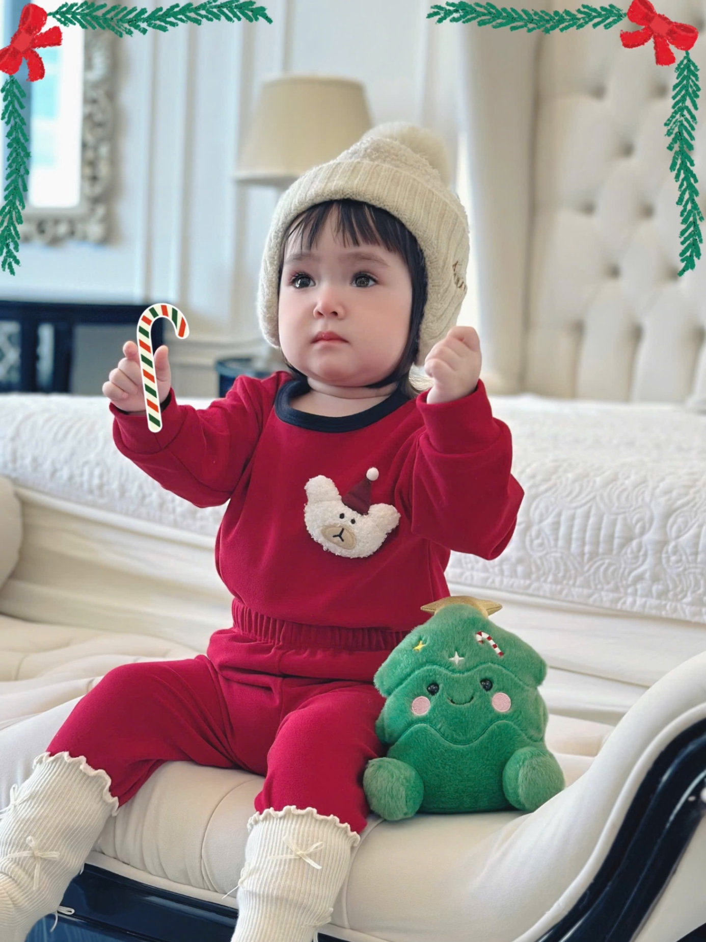 T081 - BỘ BÉ ZIP LÔNG ĐỎ GẤU XÙ MŨ NOEL