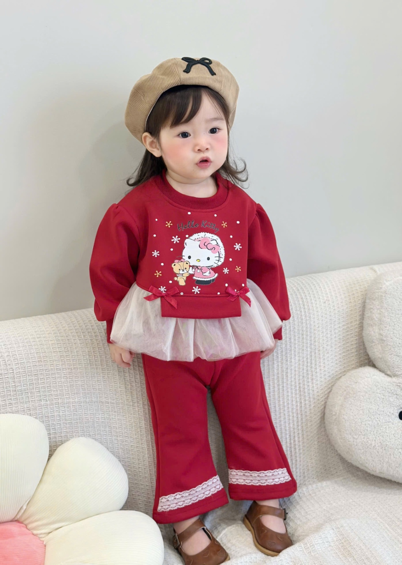 G861 - BỘ BÉ GÁI NỈ HAIDA XOÈ HELLO KITTY ĐỎ REN TRẮNG
