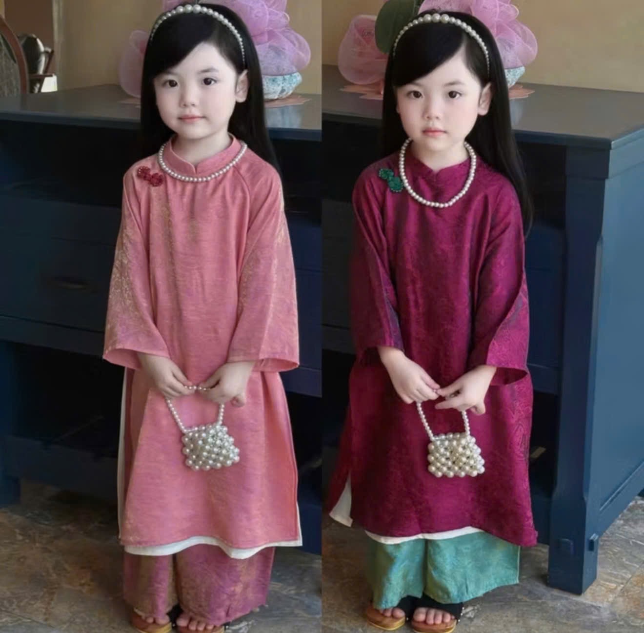 G864 - SET ÁO DÀI BÉ GÁI GẤM TƠ PHỐI QUẦN KÈM VÒNG