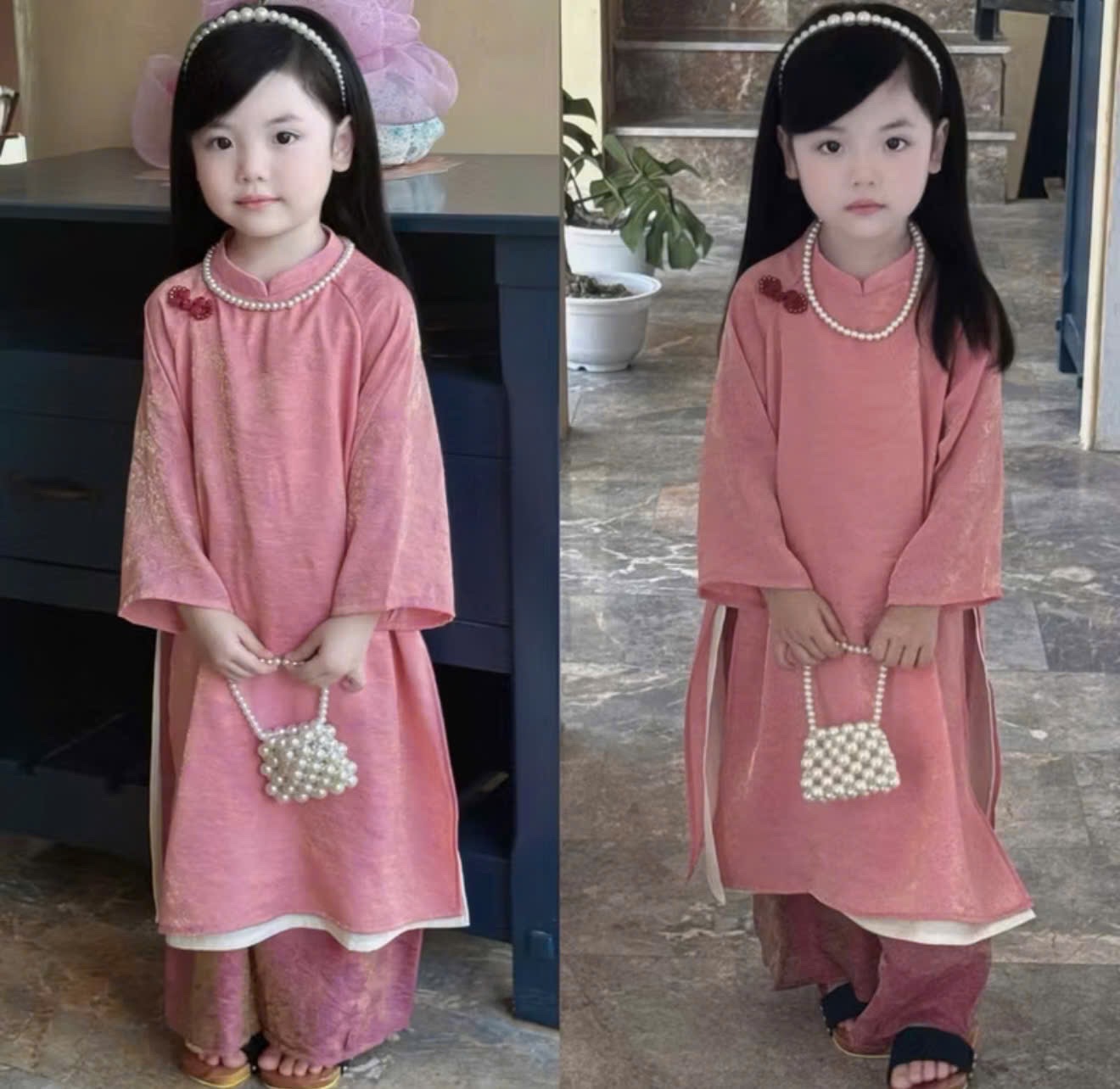 G864 - SET ÁO DÀI BÉ GÁI GẤM TƠ PHỐI QUẦN KÈM VÒNG