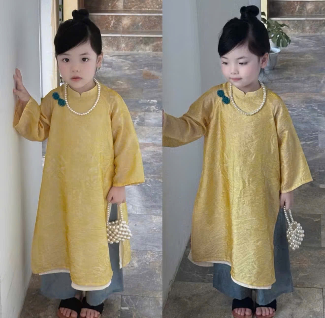 G864 - SET ÁO DÀI BÉ GÁI GẤM TƠ PHỐI QUẦN KÈM VÒNG