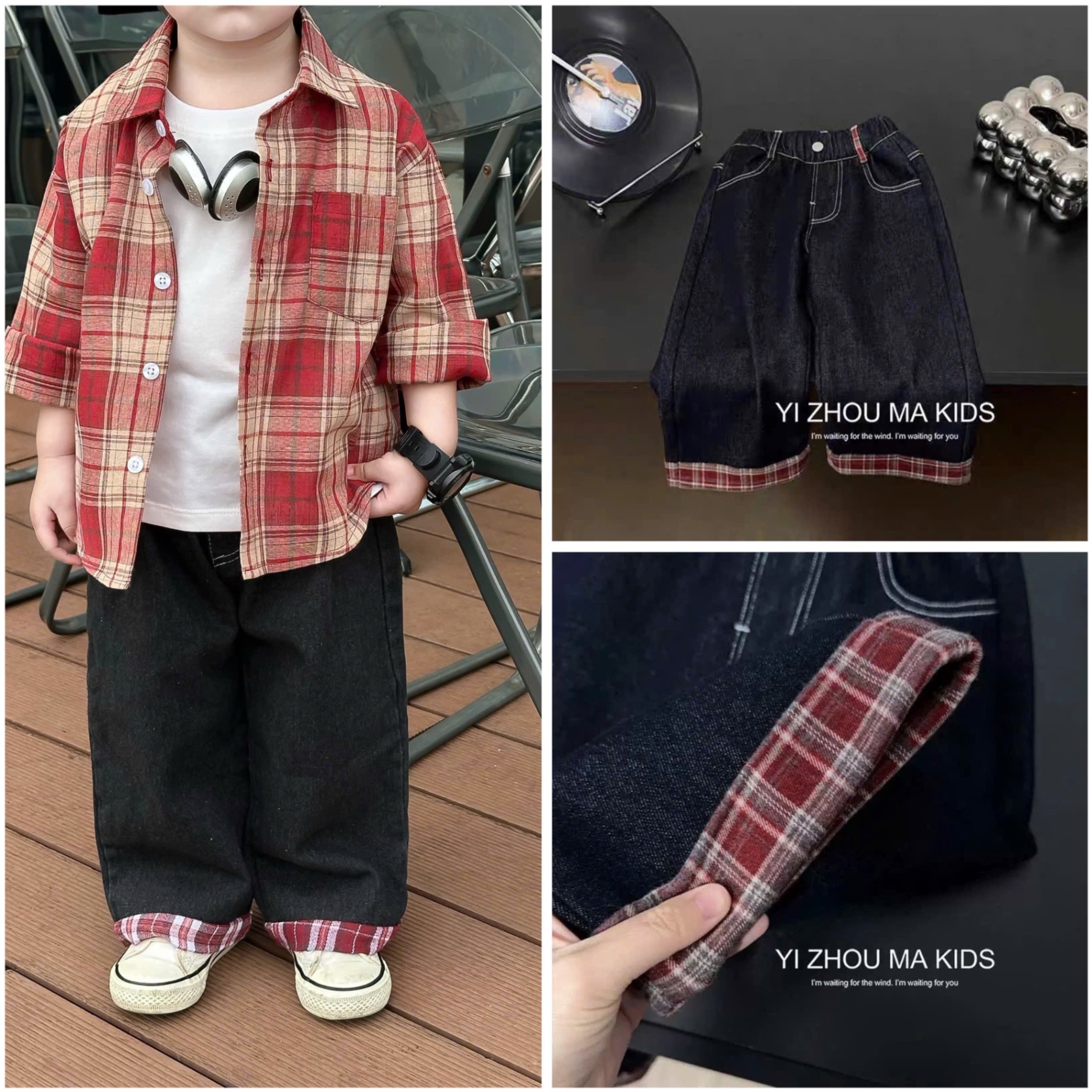 QB366 - QUẦN JEANS BÉ TRAI ĐEN PHỐI GẤU KẺ ĐỎ