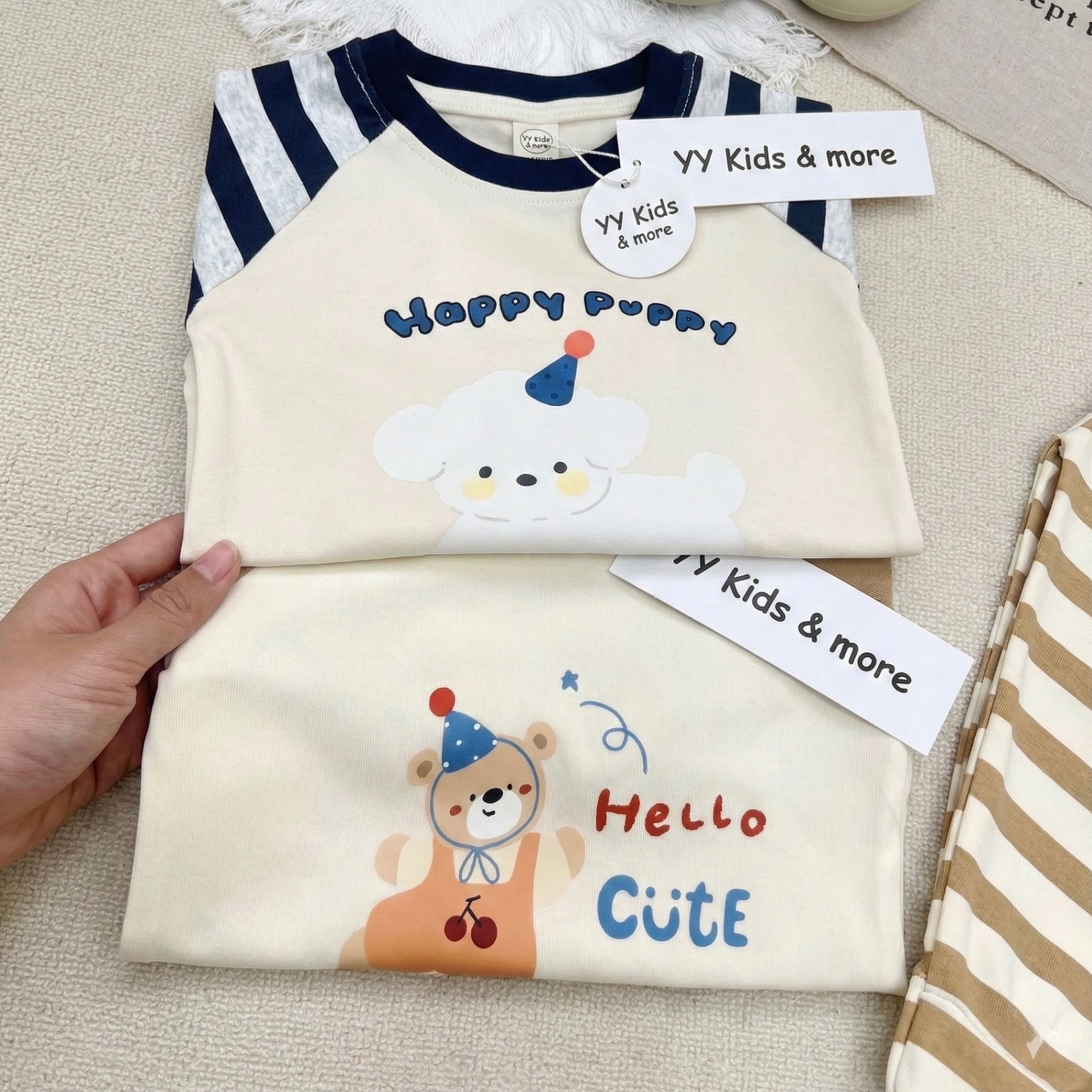 T083 - SET 2 BỘ BÉ TRAI ZIP DÀY PUPPY CUTE TAY KẺ