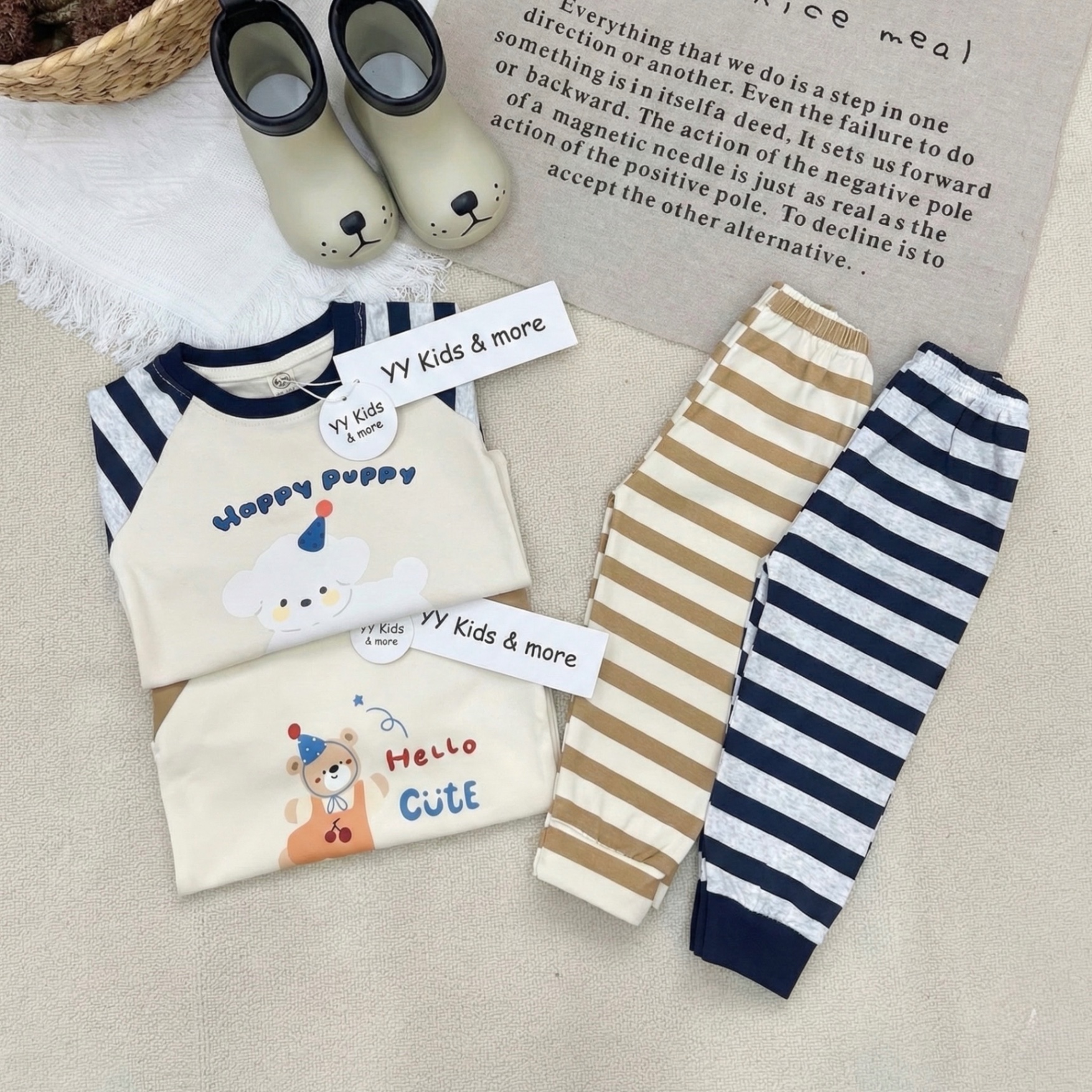 T083 - SET 2 BỘ BÉ TRAI ZIP DÀY PUPPY CUTE TAY KẺ
