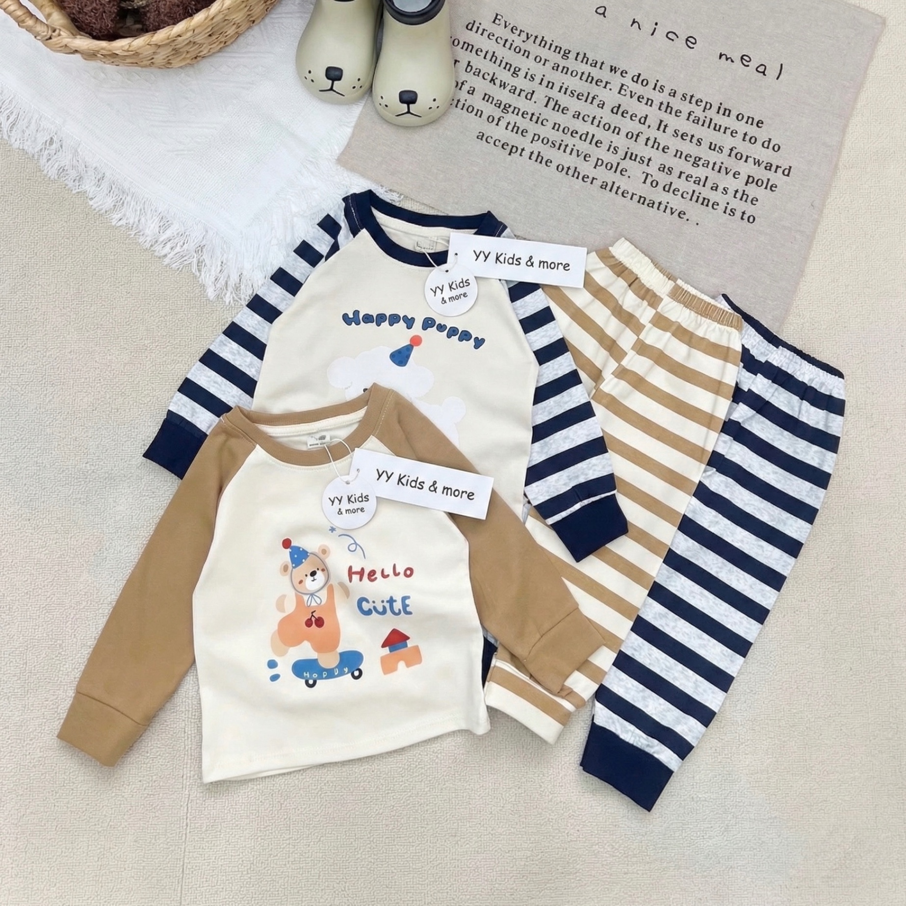 T083 - SET 2 BỘ BÉ TRAI ZIP DÀY PUPPY CUTE TAY KẺ