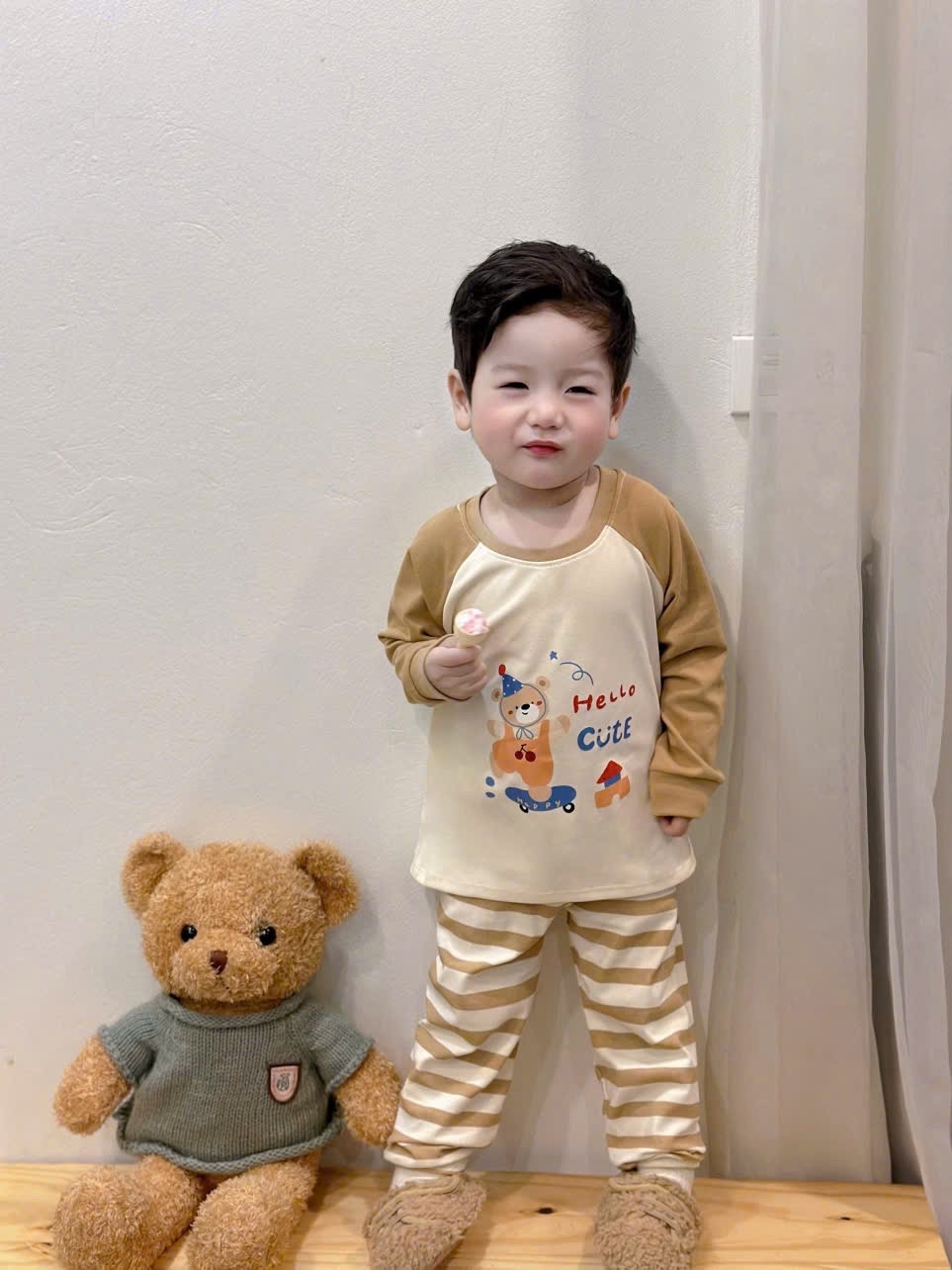 T083 - SET 2 BỘ BÉ TRAI ZIP DÀY PUPPY CUTE TAY KẺ