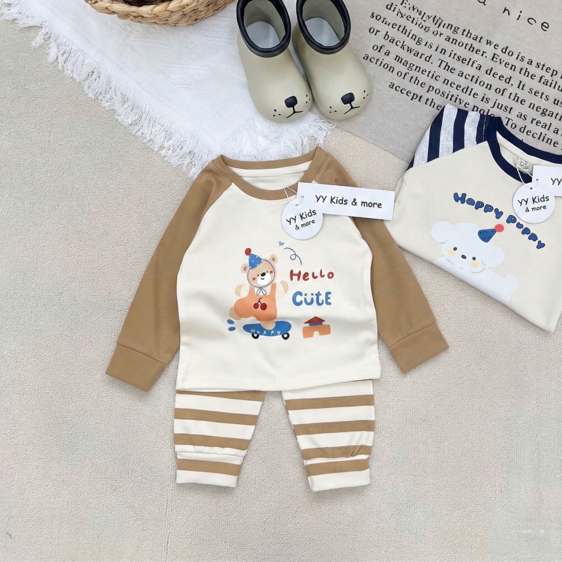 T083 - SET 2 BỘ BÉ TRAI ZIP DÀY PUPPY CUTE TAY KẺ