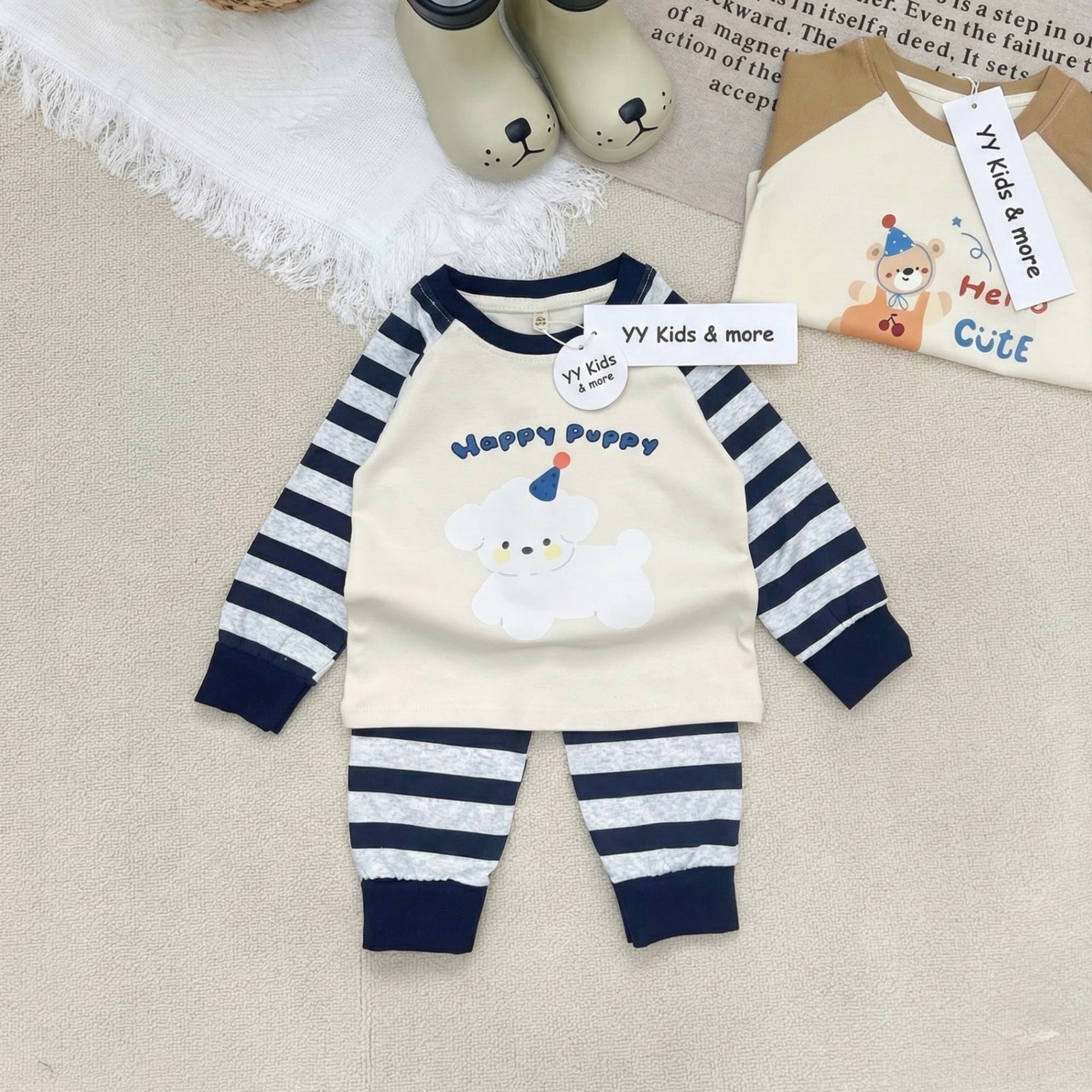 T083 - SET 2 BỘ BÉ TRAI ZIP DÀY PUPPY CUTE TAY KẺ
