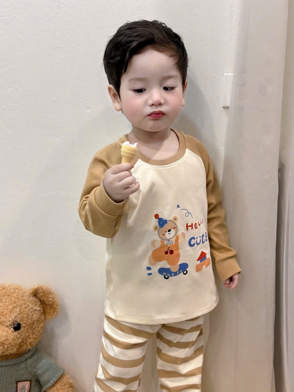 T083 - SET 2 BỘ BÉ TRAI ZIP DÀY PUPPY CUTE TAY KẺ