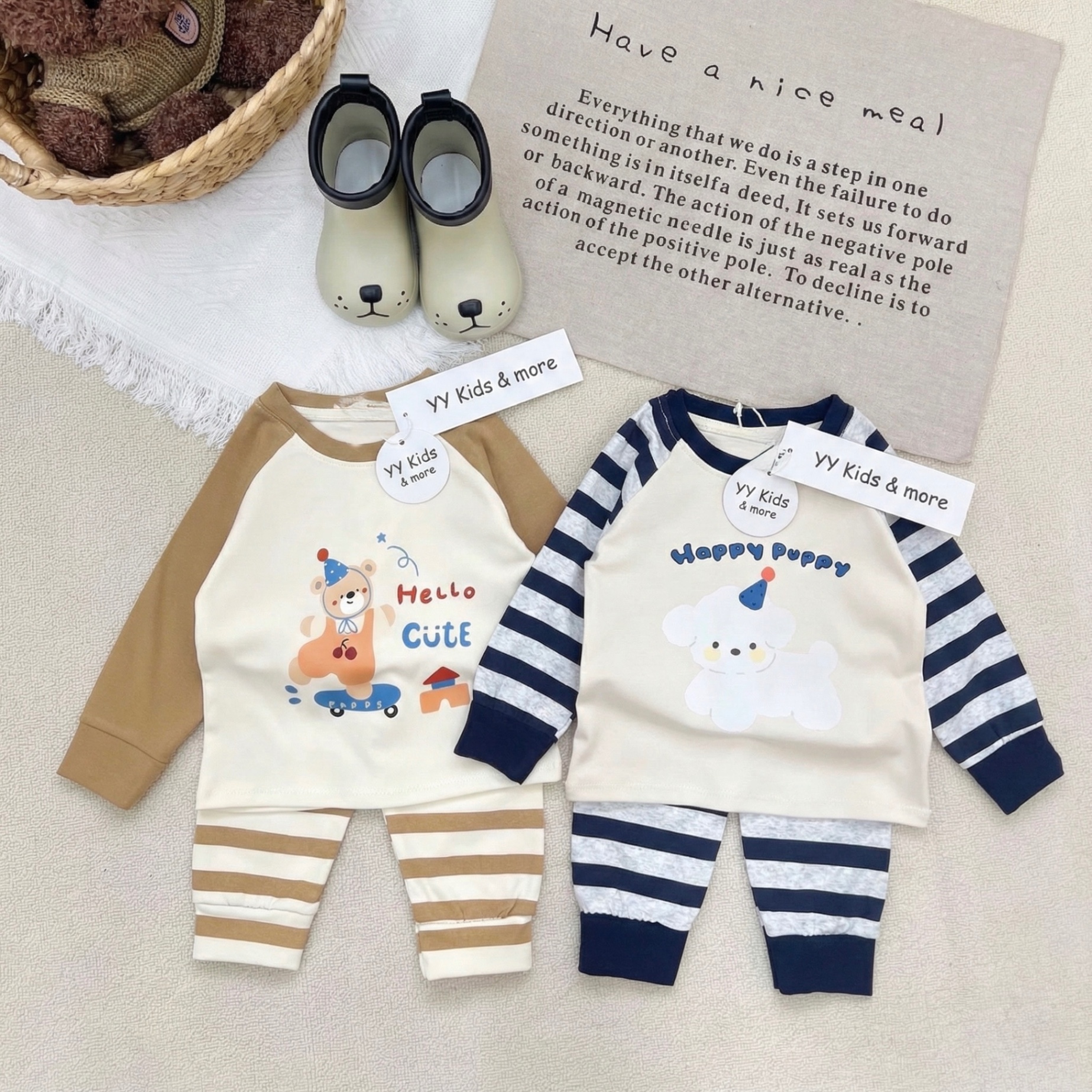 T083 - SET 2 BỘ BÉ TRAI ZIP DÀY PUPPY CUTE TAY KẺ