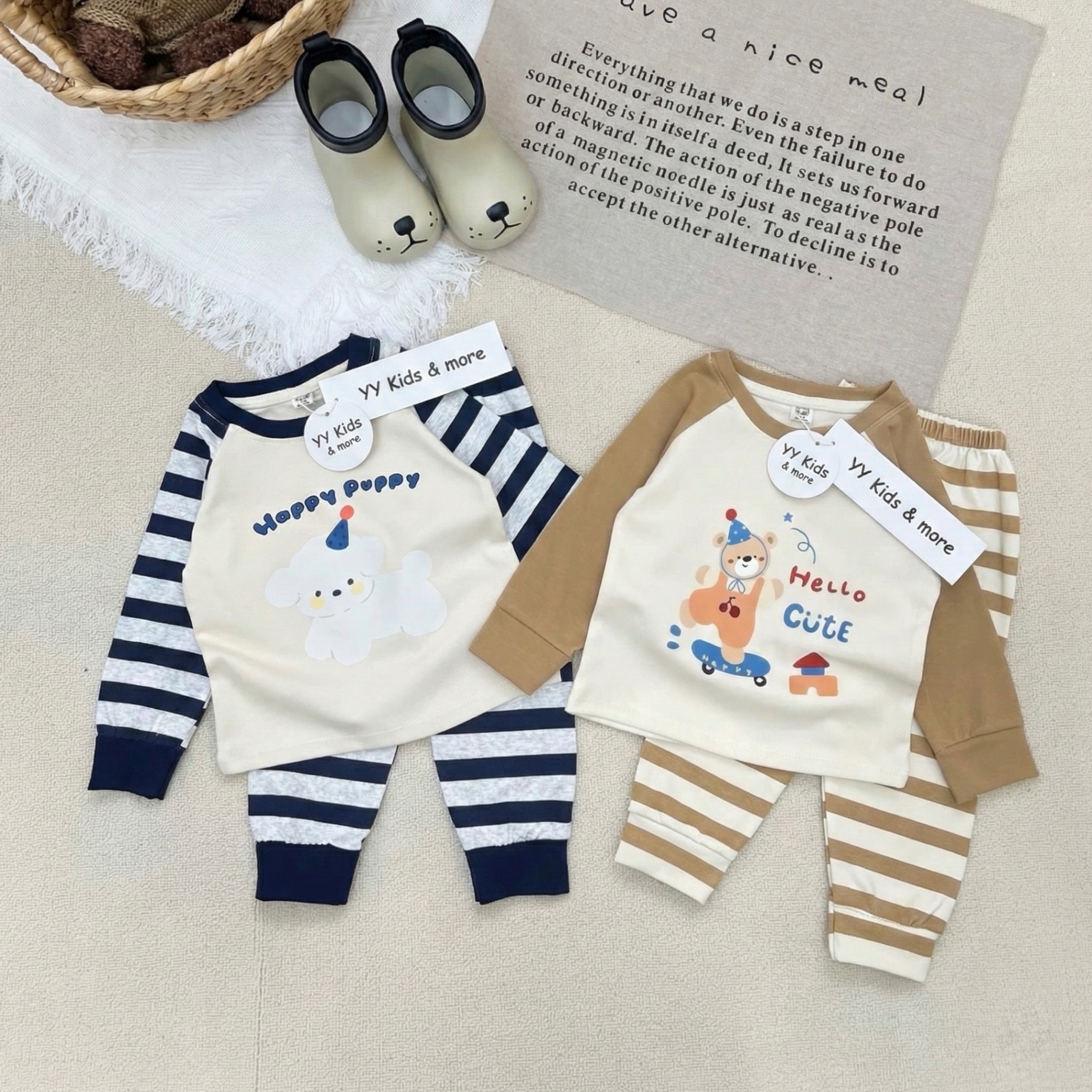 T083 - SET 2 BỘ BÉ TRAI ZIP DÀY PUPPY CUTE TAY KẺ