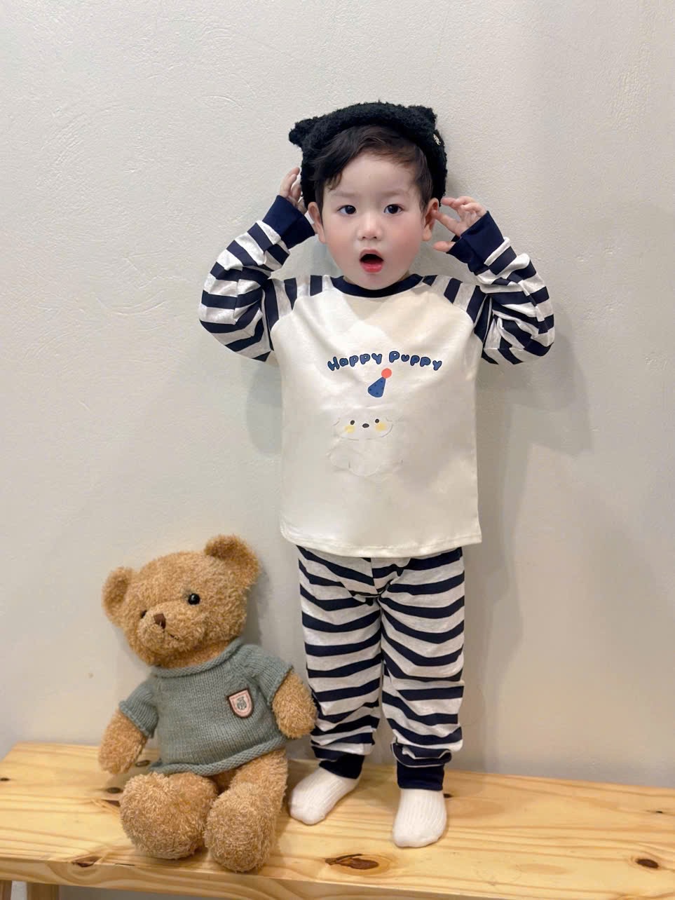 T083 - SET 2 BỘ BÉ TRAI ZIP DÀY PUPPY CUTE TAY KẺ