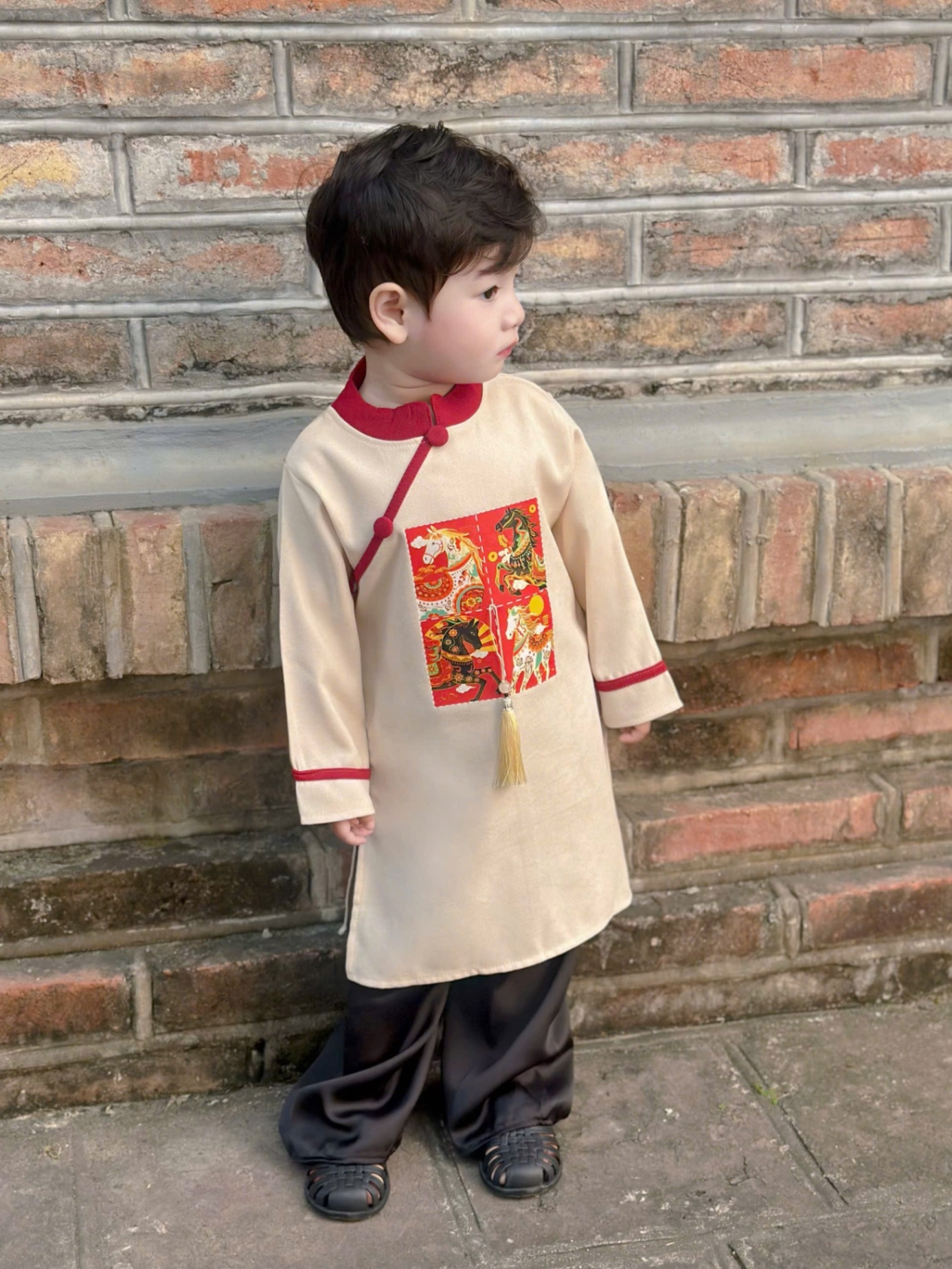 T088 - SET ÁO DÀI BÉ TRAI NHUNG TĂM PHỐI MÀU IN NGỰA