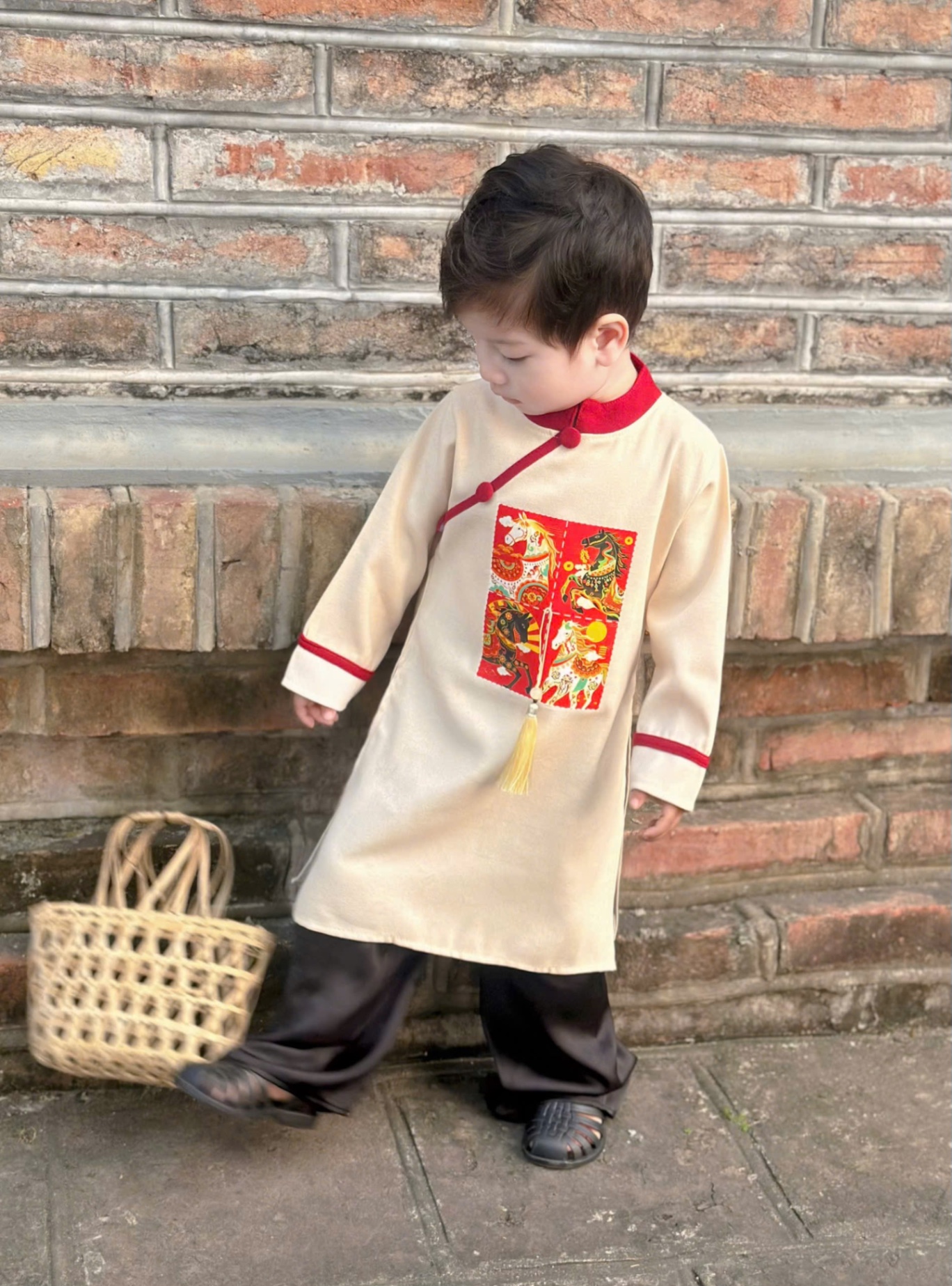 T088 - SET ÁO DÀI BÉ TRAI NHUNG TĂM PHỐI MÀU IN NGỰA