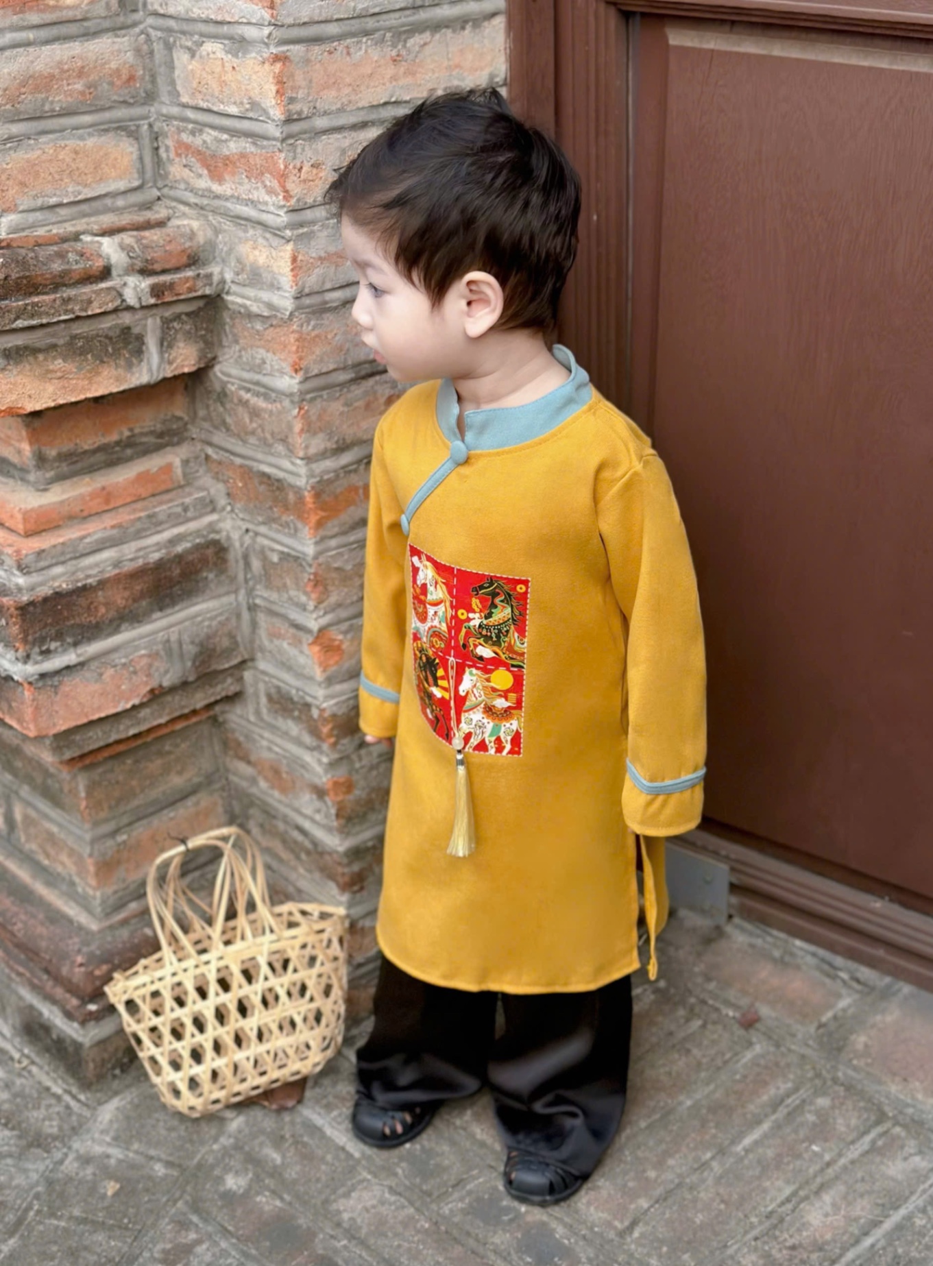 T088 - SET ÁO DÀI BÉ TRAI NHUNG TĂM PHỐI MÀU IN NGỰA