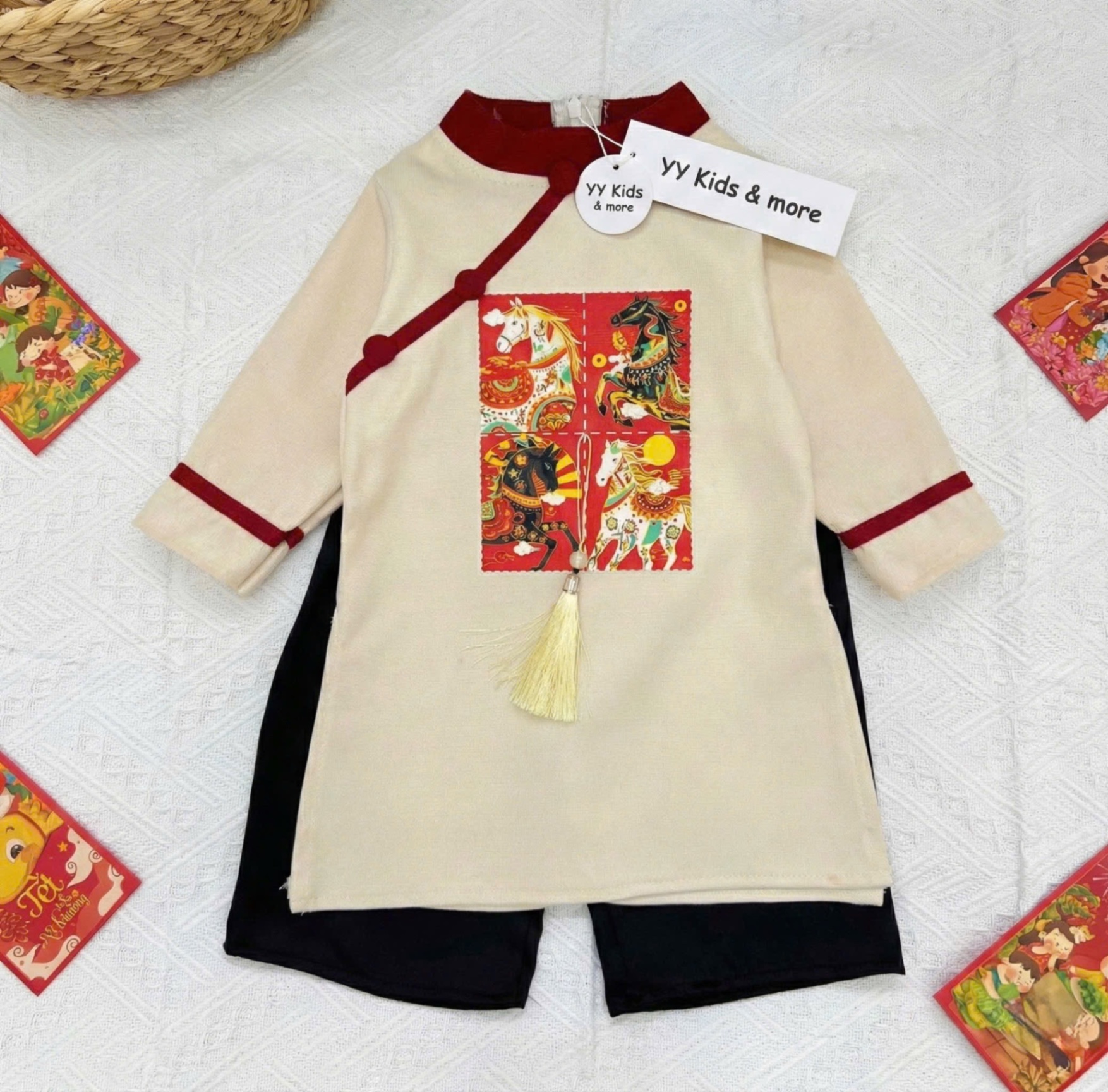 T088 - SET ÁO DÀI BÉ TRAI NHUNG TĂM PHỐI MÀU IN NGỰA