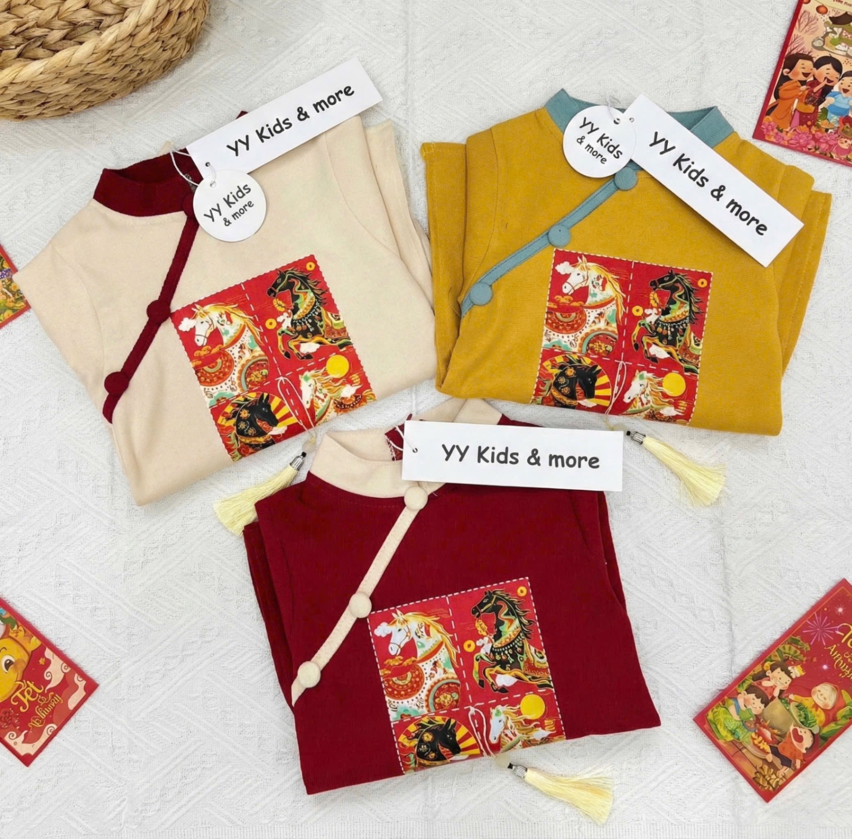T088 - SET ÁO DÀI BÉ TRAI NHUNG TĂM PHỐI MÀU IN NGỰA