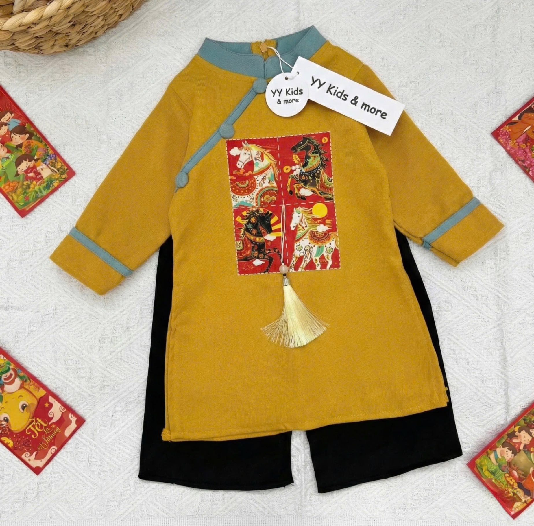 T088 - SET ÁO DÀI BÉ TRAI NHUNG TĂM PHỐI MÀU IN NGỰA