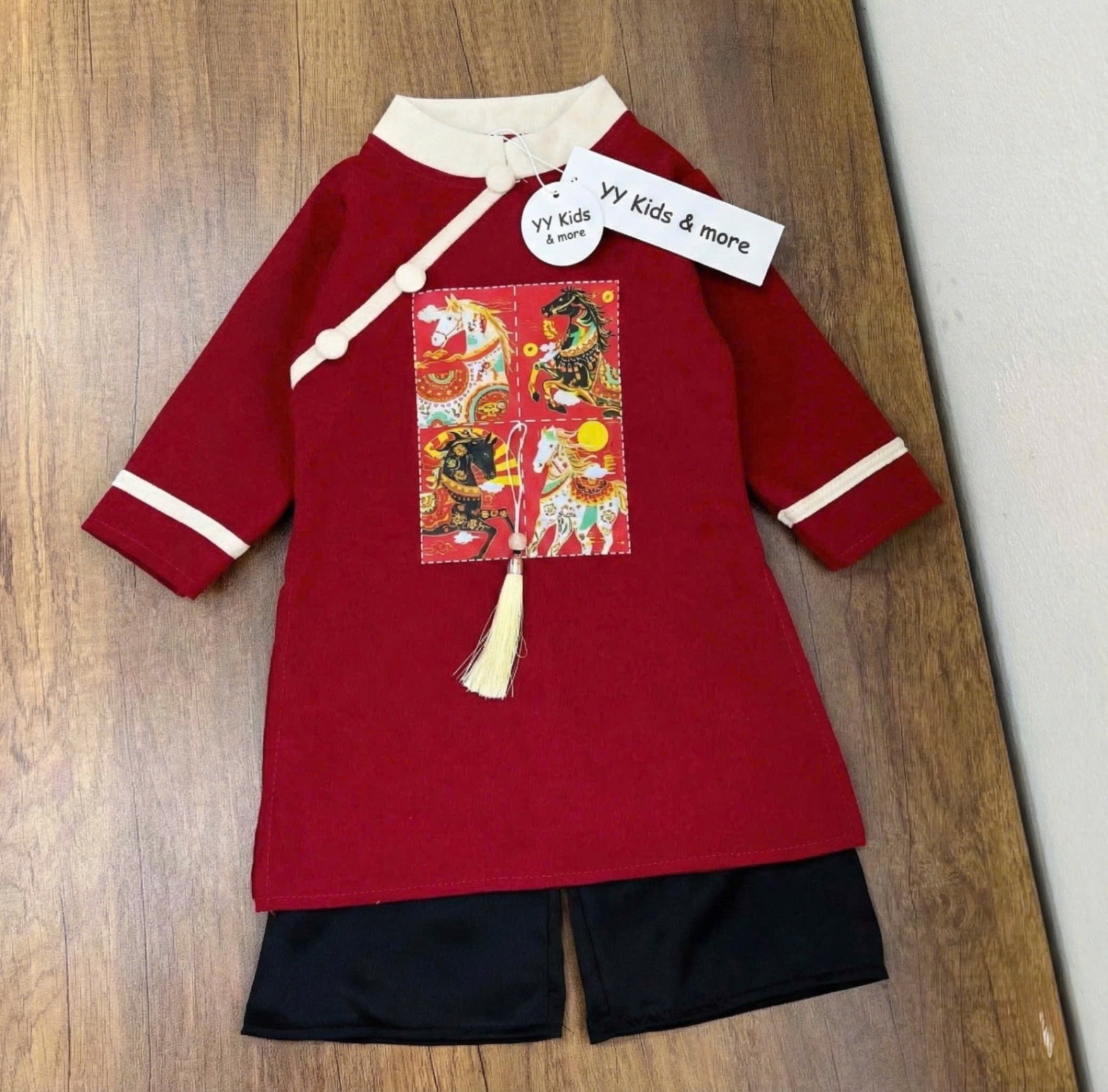 T088 - SET ÁO DÀI BÉ TRAI NHUNG TĂM PHỐI MÀU IN NGỰA