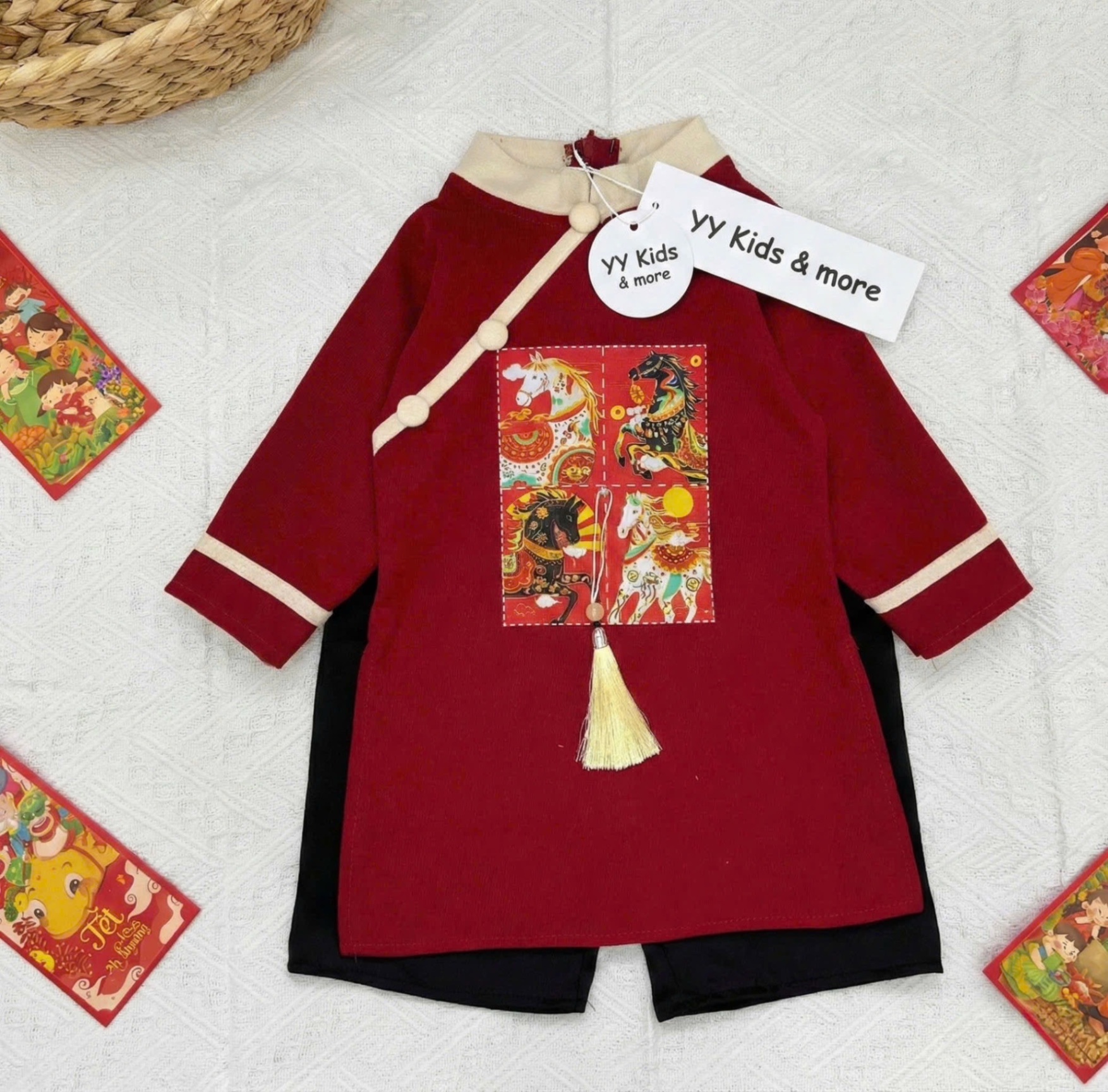 T088 - SET ÁO DÀI BÉ TRAI NHUNG TĂM PHỐI MÀU IN NGỰA