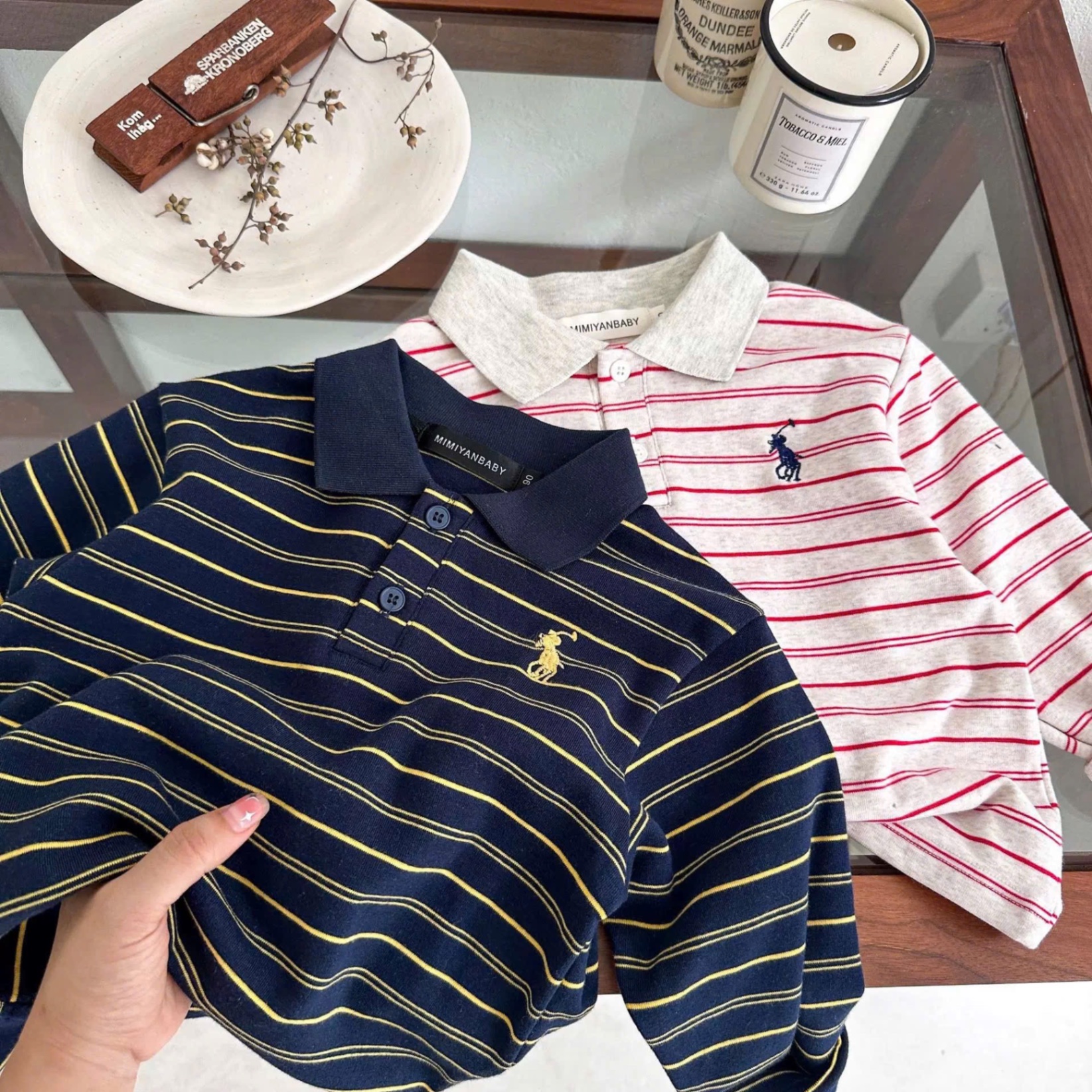 AB849 - SET 2 ÁO POLO BÉ TRAI KẺ NGANG KỊ SĨ than đỏ