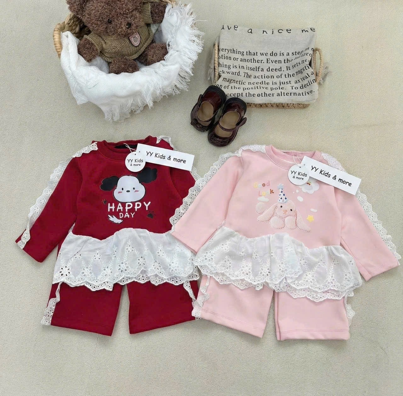 G868 - BỘ BÉ GÁI NỈ HAIDA THỎ GOOD LUCK REN TRẮNG