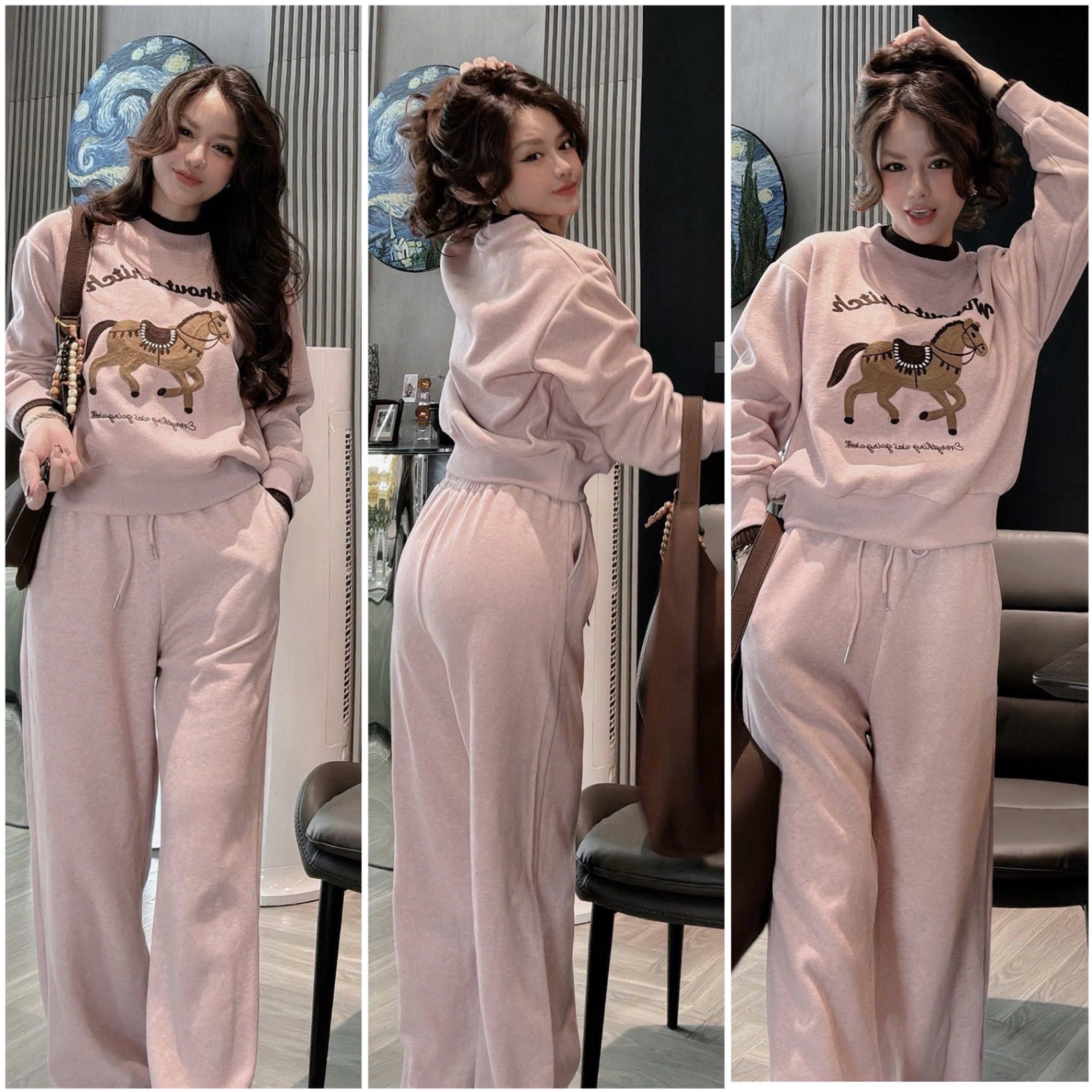 S263 - BỘ NỮ TĂM THỎ HỒNG THÊU NGỰA NÂU