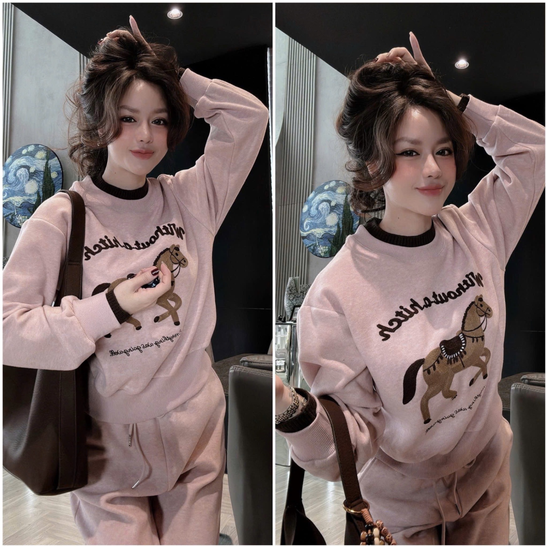 S263 - BỘ NỮ TĂM THỎ HỒNG THÊU NGỰA NÂU