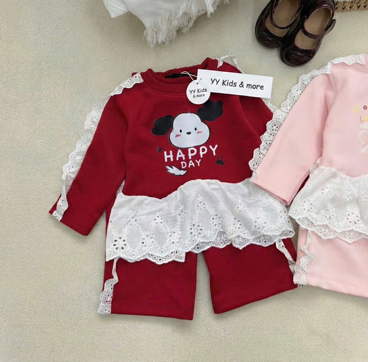 G868 - BỘ BÉ GÁI NỈ HAIDA THỎ GOOD LUCK REN TRẮNG