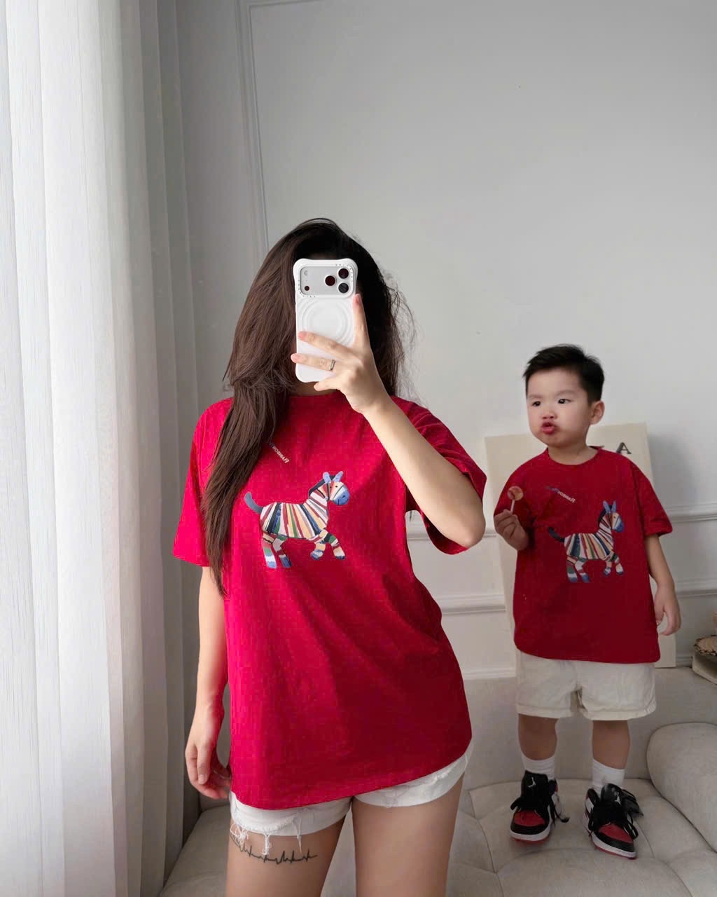 AB851 - ÁO PHÔNG GIA ĐÌNH ĐỎ NGỰA VẰN FULL SIZE