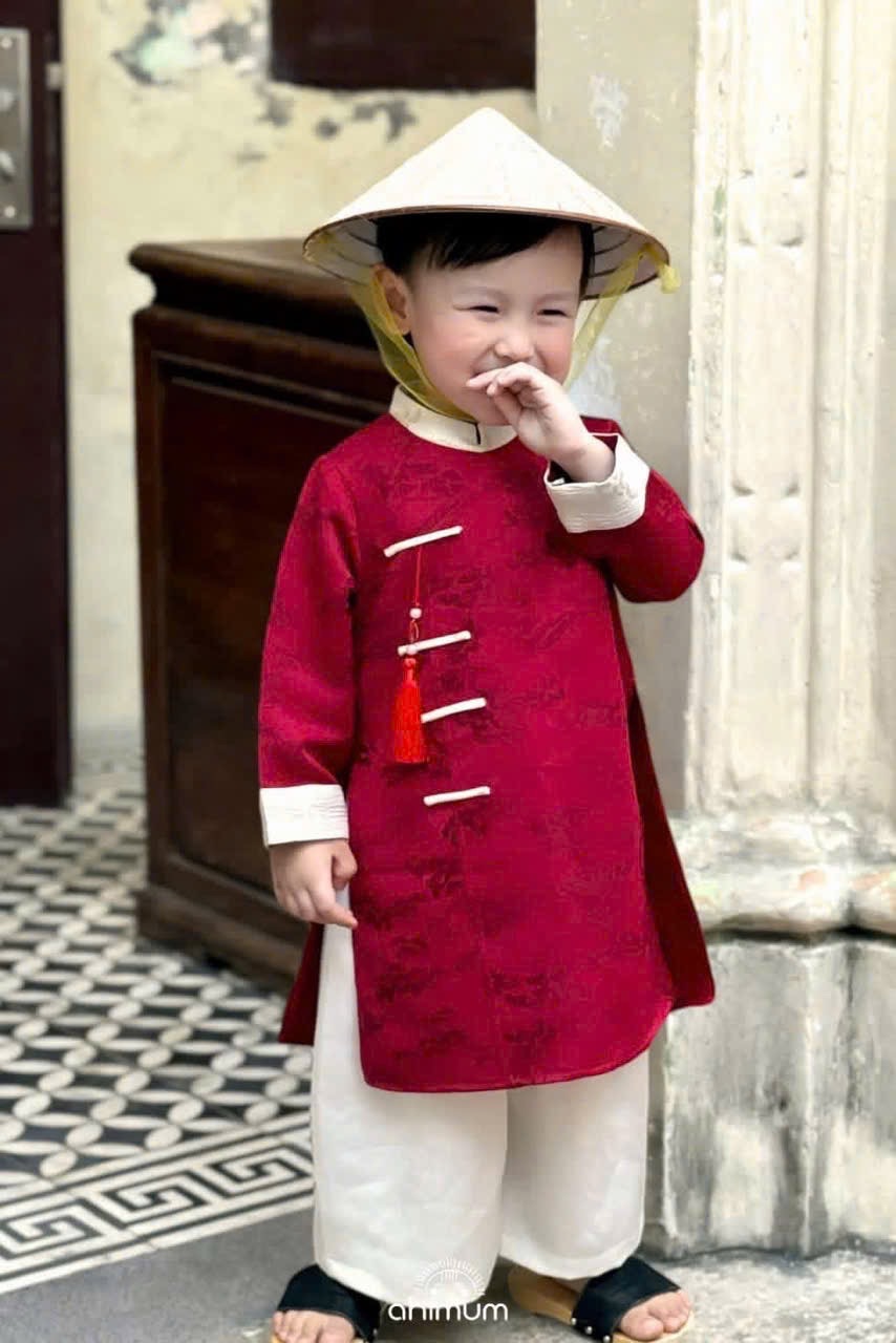 T091 - SET ÁO DÀI BÉ TRAI VÂN LỤA PHỐI ĐỎ TRẮNG