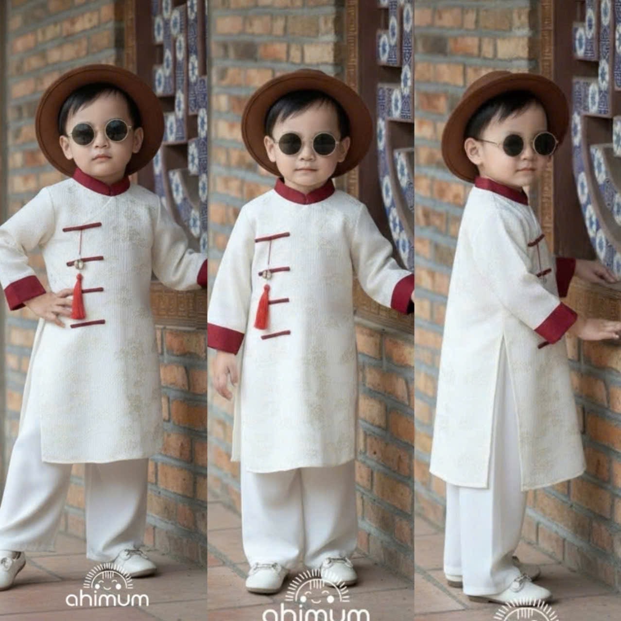 T091 - SET ÁO DÀI BÉ TRAI VÂN LỤA PHỐI ĐỎ TRẮNG