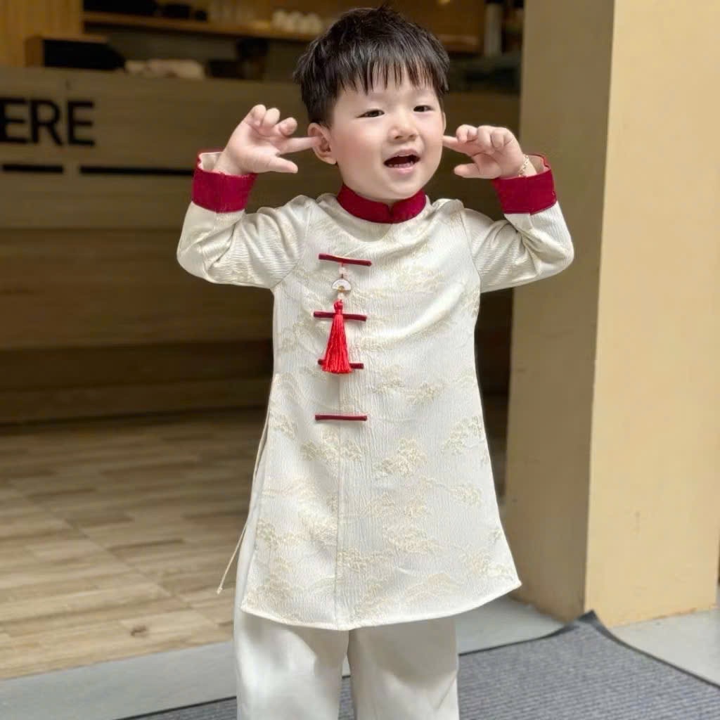 T091 - SET ÁO DÀI BÉ TRAI VÂN LỤA PHỐI ĐỎ TRẮNG