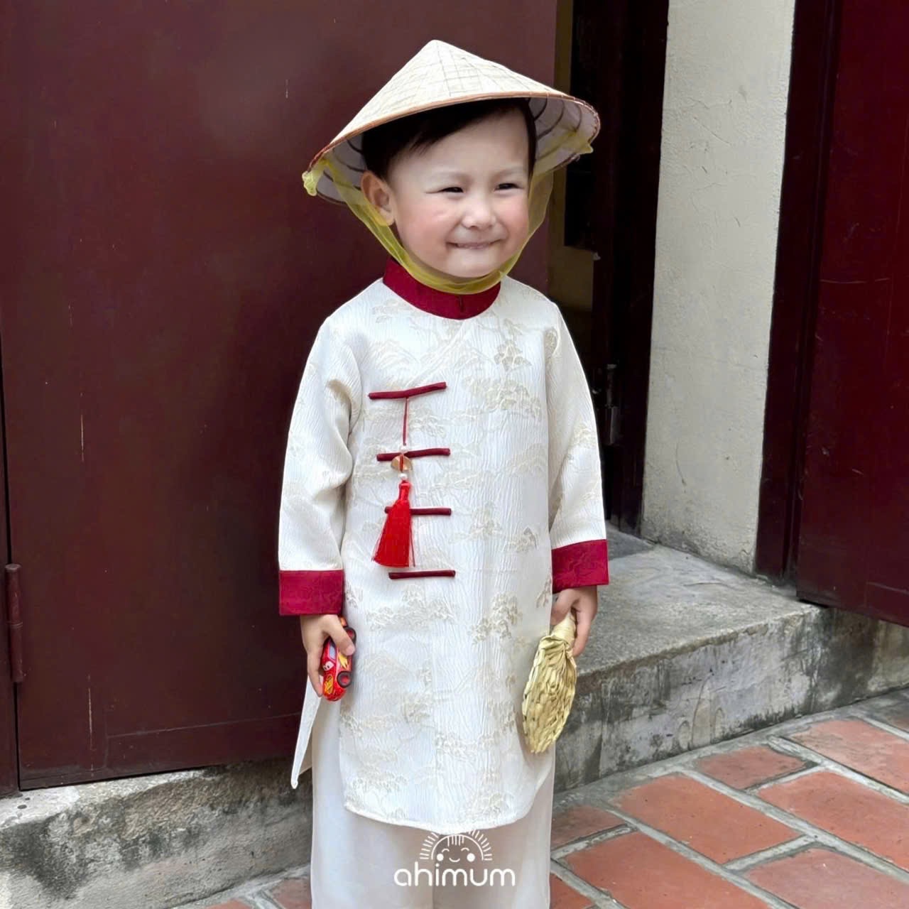 T091 - SET ÁO DÀI BÉ TRAI VÂN LỤA PHỐI ĐỎ TRẮNG